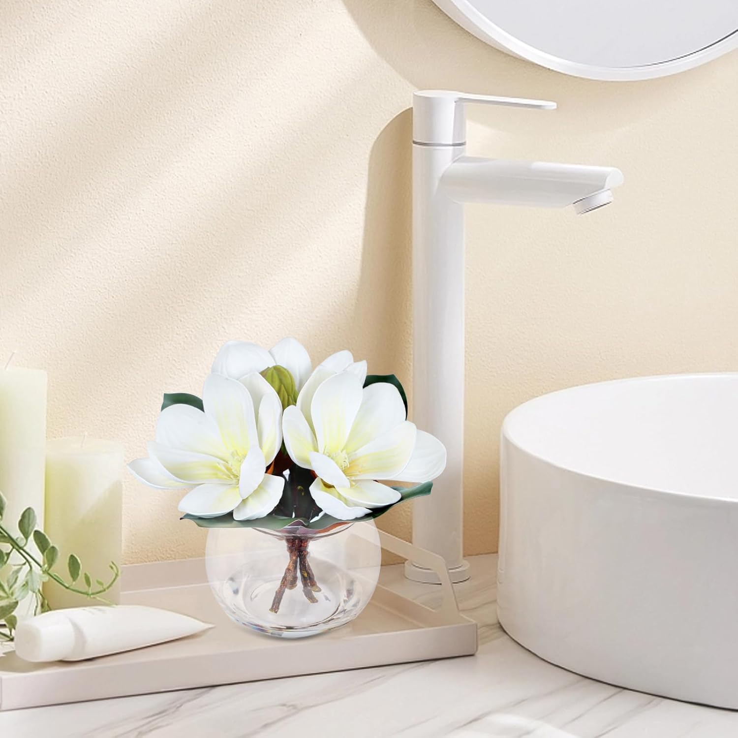 Artificial Magnolia Flowers with Vase White Fake Magnolia Flowers in Glass Vase with Faux Water Small Potted Flower for Home Bathroom Office Shelf Table Centerpiece Decoration