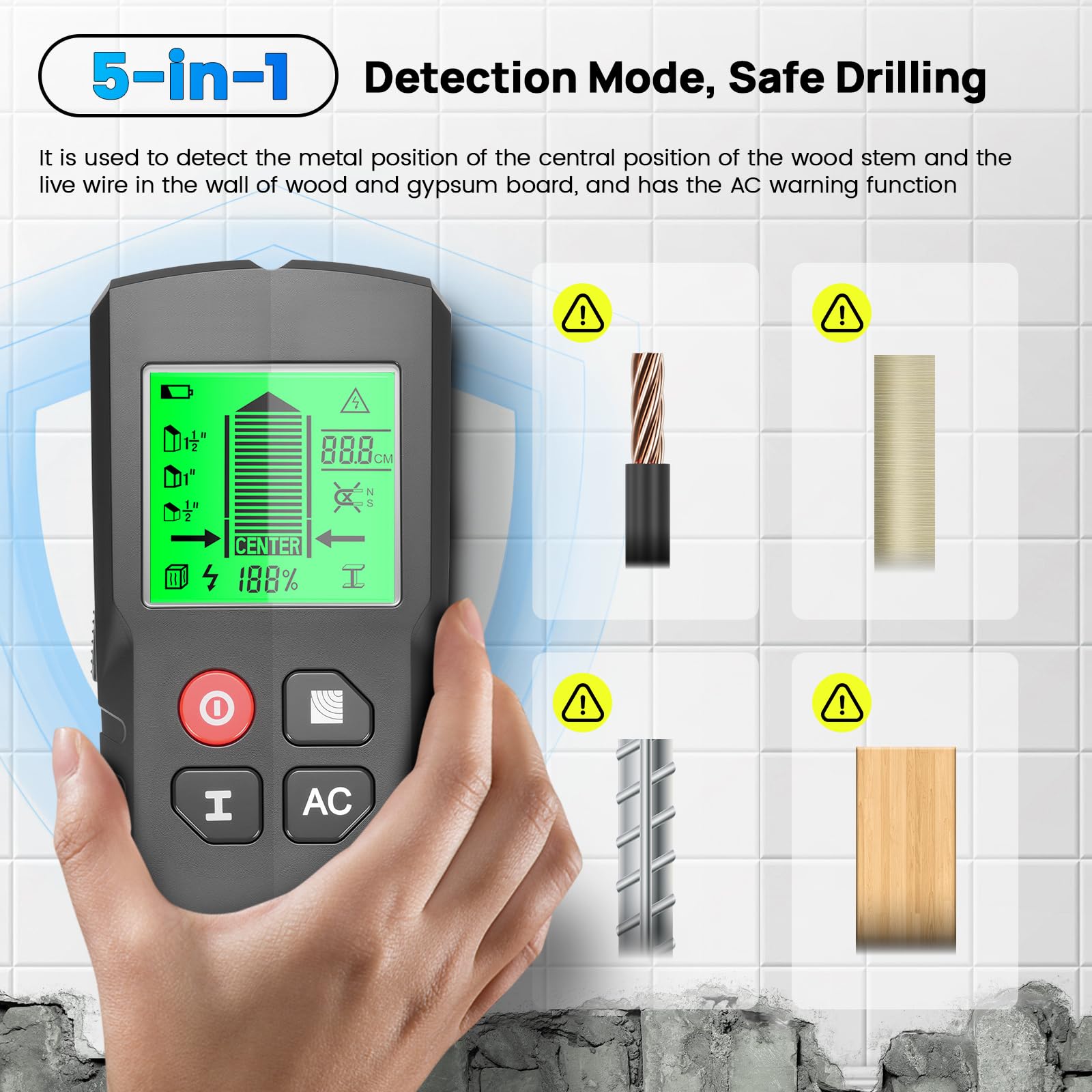 Leitungssucher Ortungsgerät, 5 in 1 Multifunktions Wand Scanner Detektor Stud Finder, Leitungssuchgerät mit HD-LCD-Display & Audio-Alarm für Metall, Rohre, Holz, Stromleitung und Balken