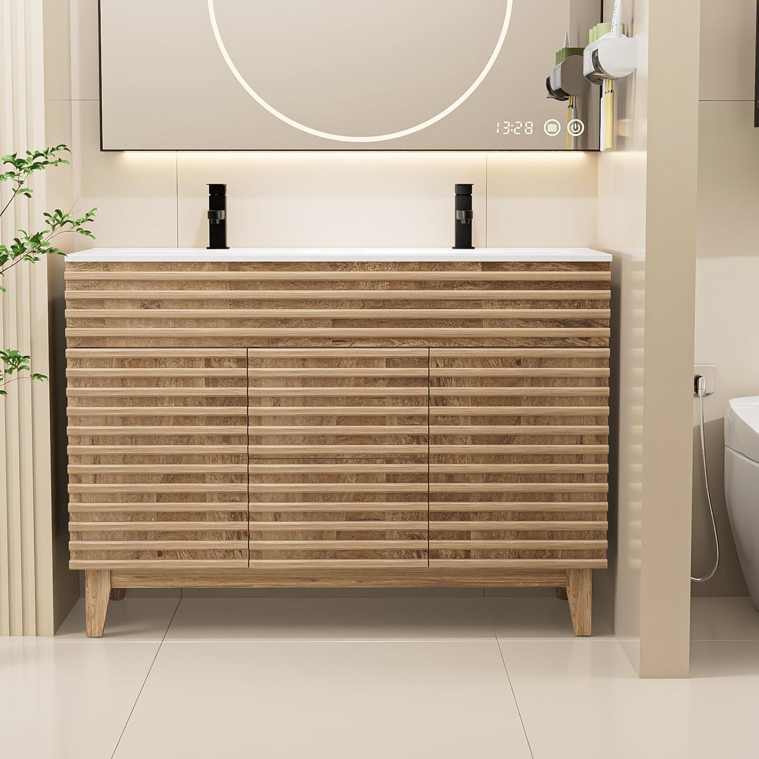 LUCKWIND 48" Bathroom Vanity with Sink Combo, Mid-Century Storage Cabinet with Wood Stripes, Sink and Water Saving Faucet, Walnut