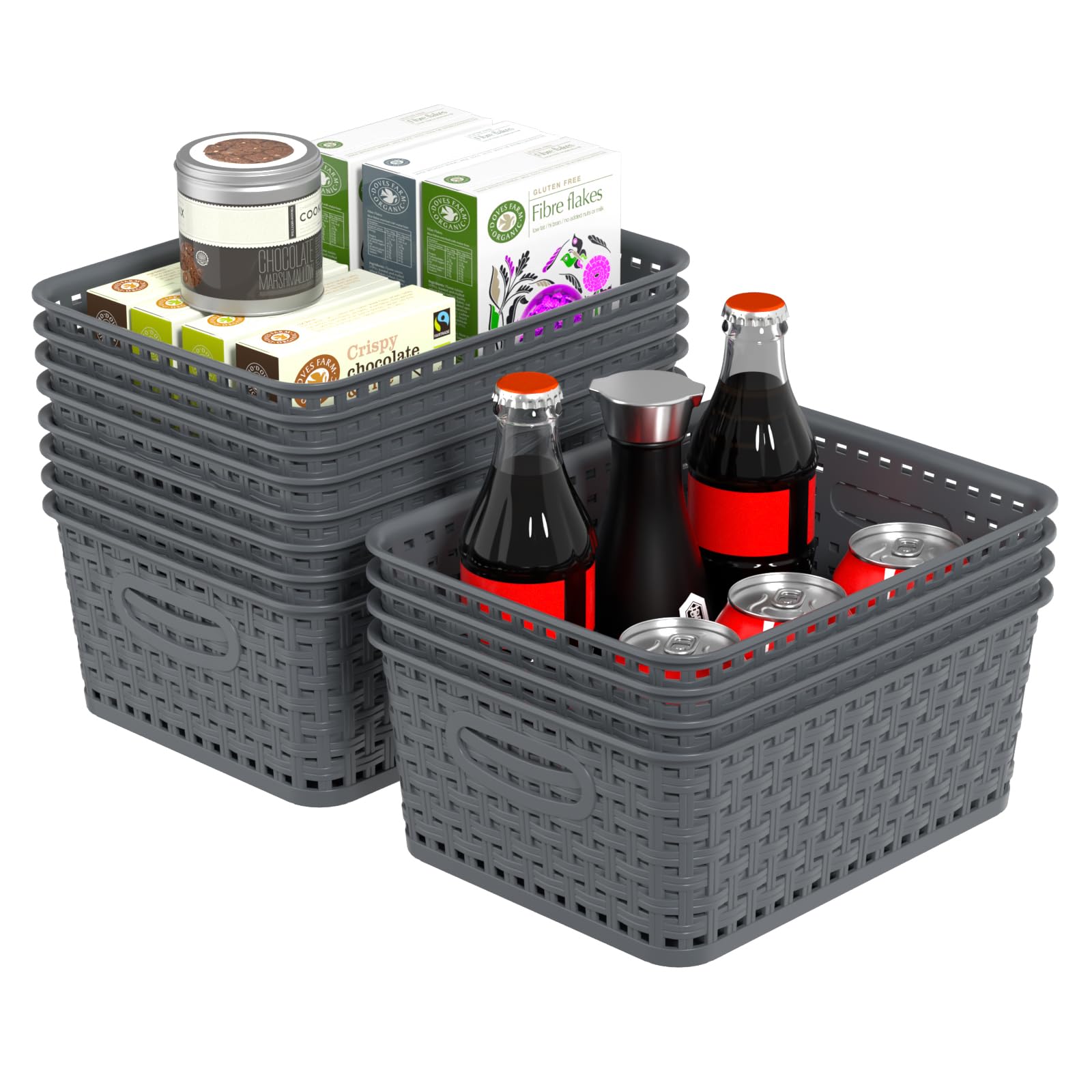 Paniers de rangement en plastique tressé gris avec poignée pour organiser la cuisine