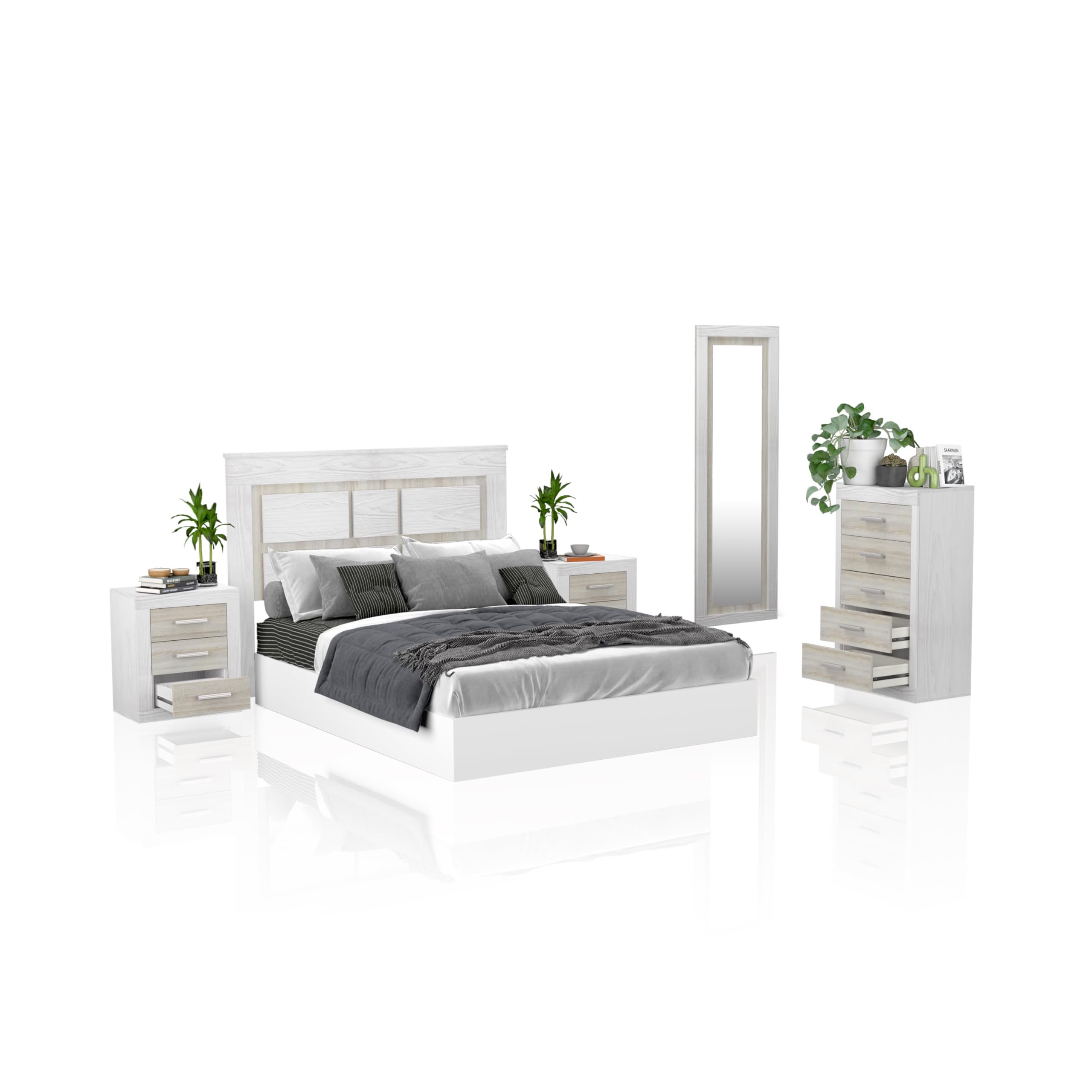 duehome | Pack de Dormitorio con Cabecero + 2 mesitas de Noche + Sinfonier y Espejo, Conjunto de Dormitorio, Dormitorio Completo, Modelo Kira 5c, Acabado en Andersen Pino y Gris