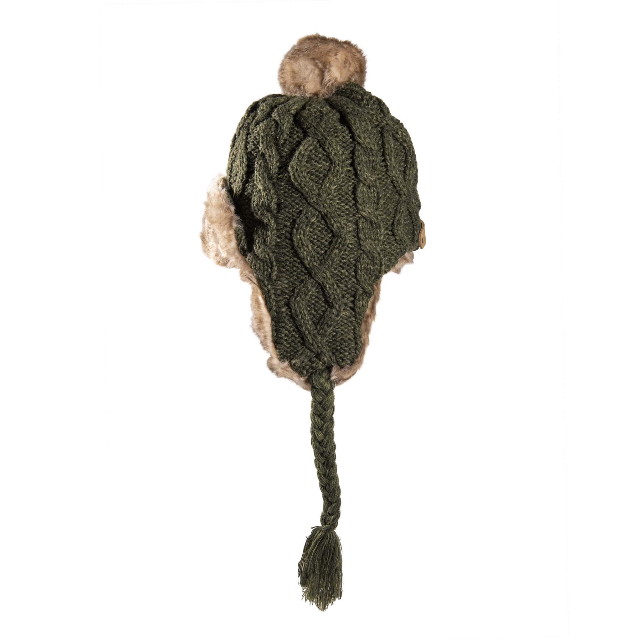 Aran Traditions Knited Faux Fur Winter Warm Dark Green Trapper Hat(Size: One Size)