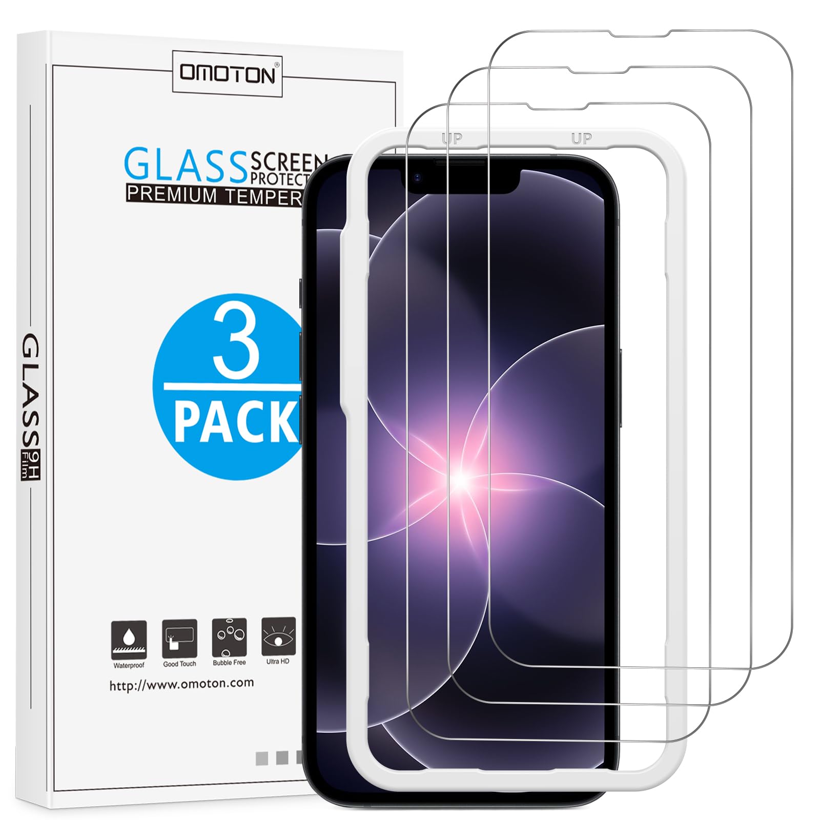 OMOTON für iPhone 17e/16e Panzer Schutz Glas mit Montagerahmen, kompatibel mit iPhone 17e/16e Schutzfolie, Anti-Kratzer, Bläschenfrei, 3 Stück