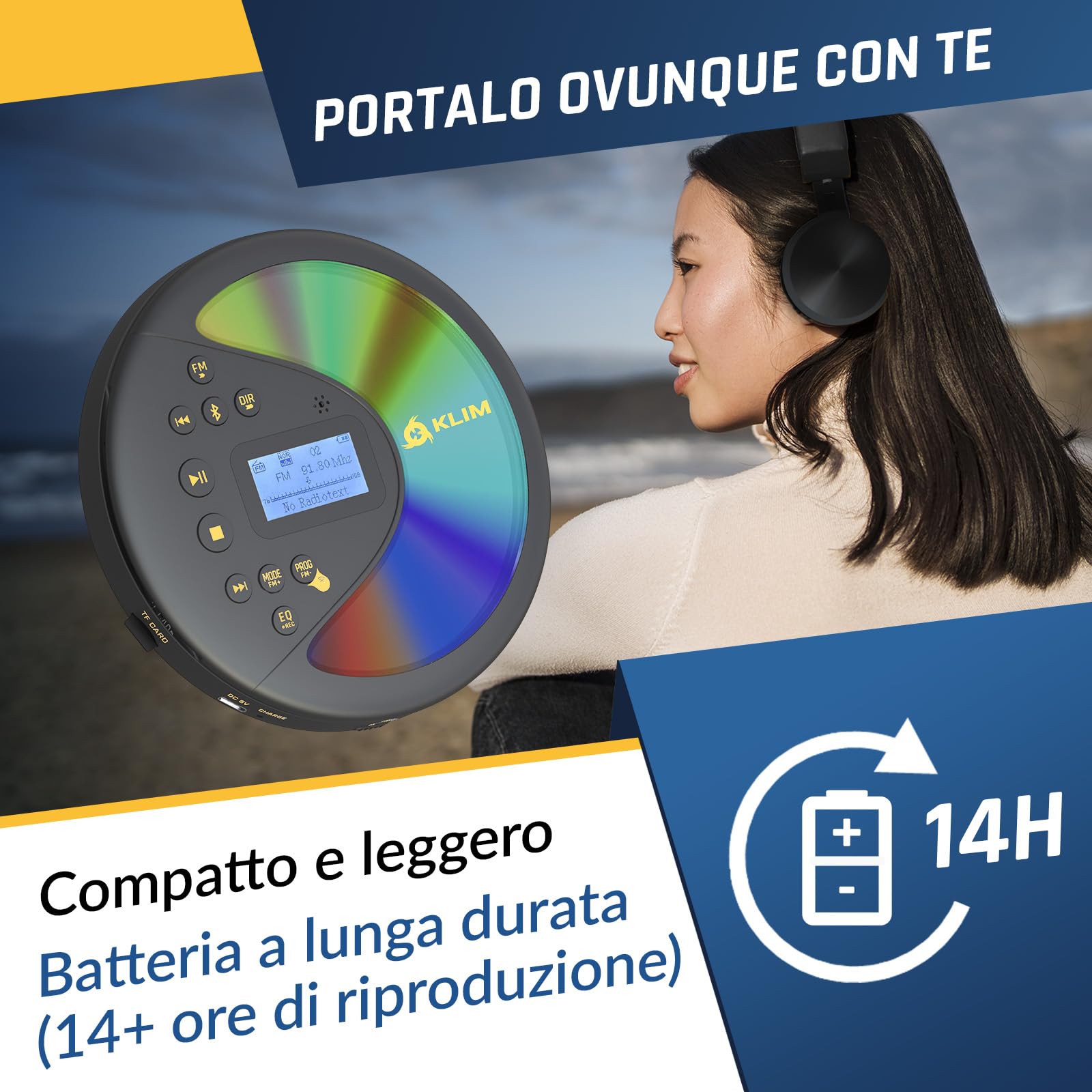 KLIM Discover Lettore CD HiFi Portatile Radio FM Bluetooth Nero/Oro