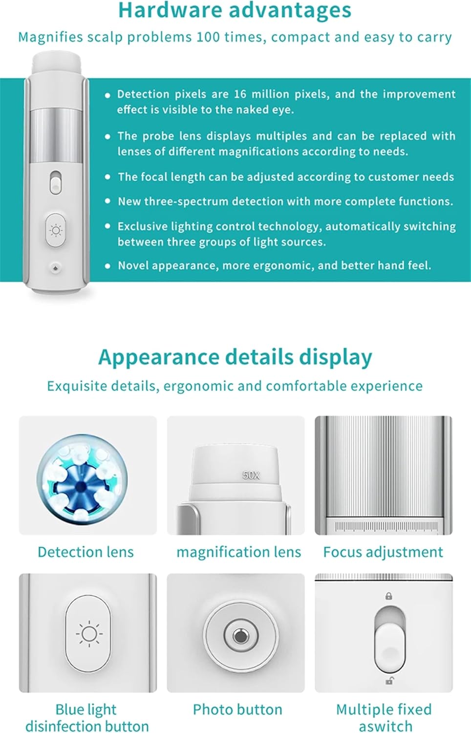 Professional Scalp Camera, High-Resolution Hair and Scalp Analysis Device with 4 Detection Lens, 200 Times Magnification, for Home, Beauty Salon Spa with Display