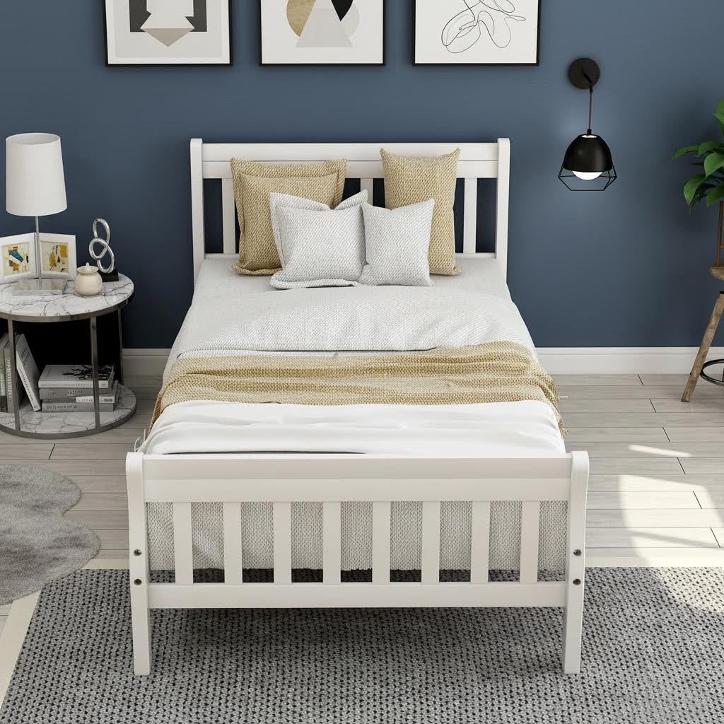 SOFTSEA Twin Size Wood Platform Bed with Storage, Wooden Twin Bed Frame with headboard, Twin Kids Bed Frames, Save Space, White