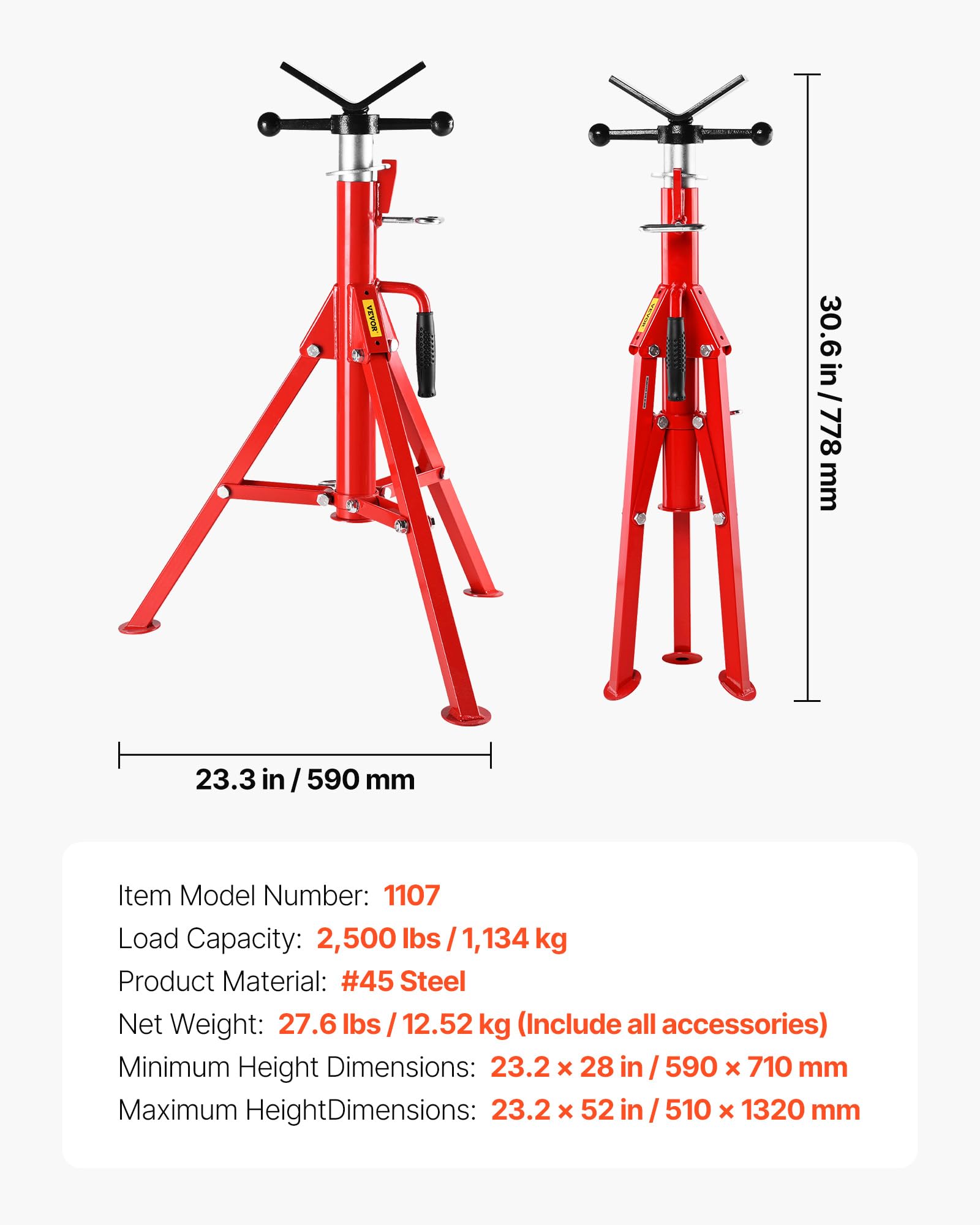 Supporto per Tubo Pieghevole con Testa a V e Trasferimento a Sfera e Gambe Pieghevoli, Cavalletto per Tubi, 4500lbs/2 T, Altezza Regolabile da 28-52 pollice Tipo 1107C