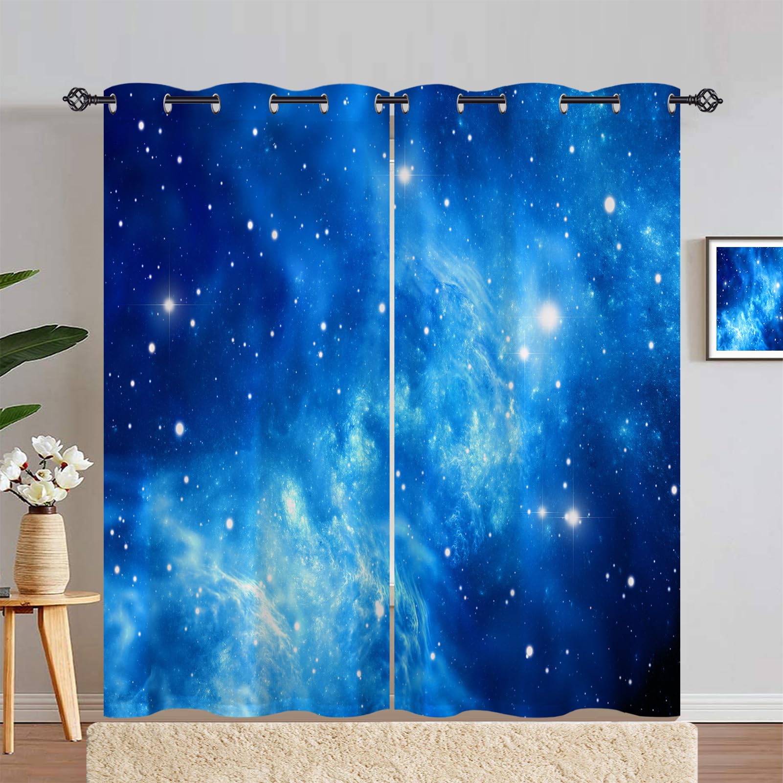 ANHOPE Blue Galaxy Curtains Eyelet 80% Blackout Room Darkening Curtains with Space Nebula Print Pattern Thermal Insulated Window Drapes for Kids Boys Bedroom Living Room 46 x 84 Inch Drop 2 Panels