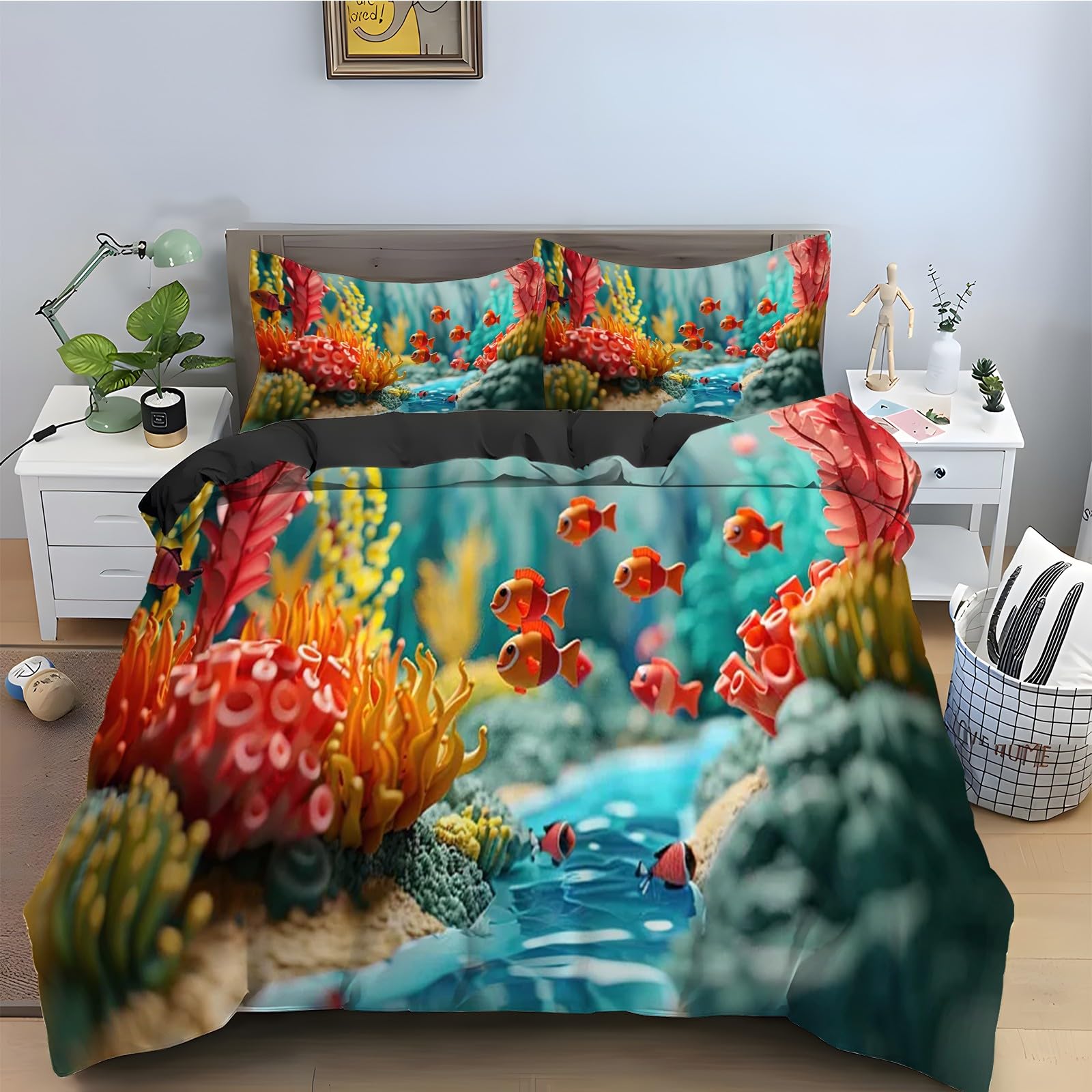 Parure de lit 90x190 corail motif petit poisson avec housse de couette en microfibre et taies