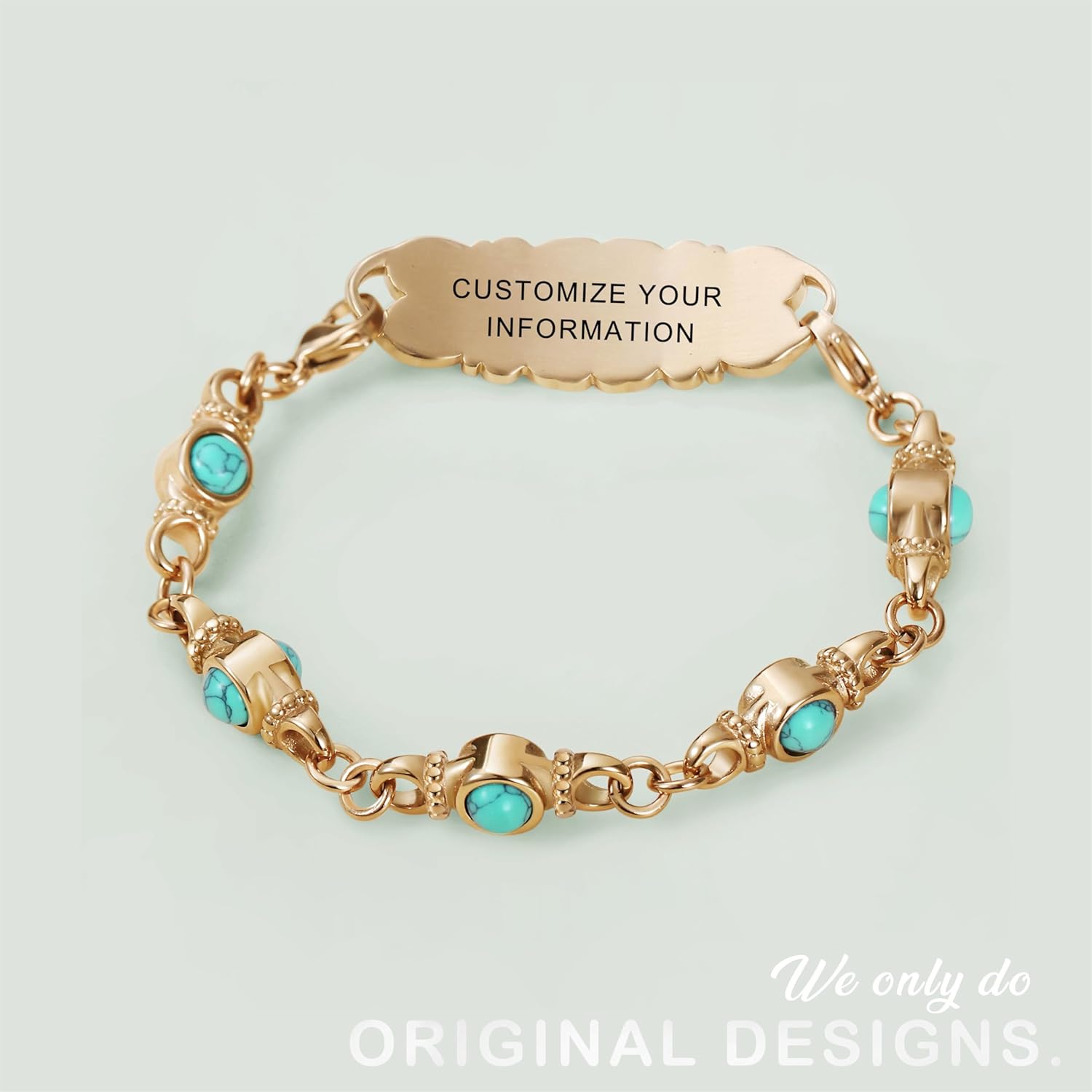 Custom Elegant Medical Alert Bracelets for Women with Luxury Turquoise Stone,Laser Engraving Personalized Emergency Identification Opal Stone Medic ID Bracelet Handmade Jewelry