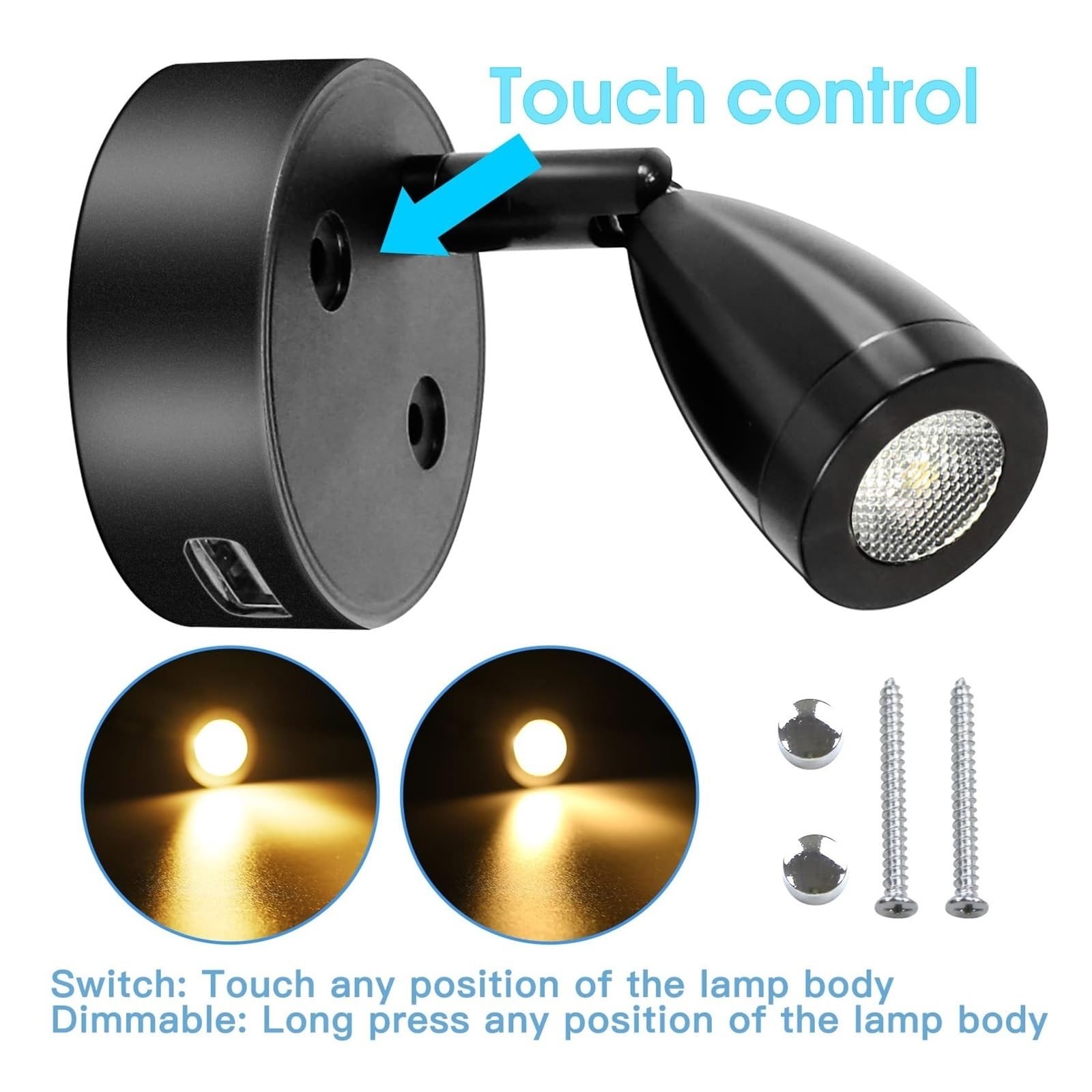 Ciepłe, Chłodne Światło, Reflektor LED Do Czytania, Oświetlenie Wnętrza, Aluminiowa Lampa Ścienna Z Możliwością Ściemniania, Sterowanie Dotykowe, Do Łodzi, Przyczepy Kempingowej I Domu(Black-2X)