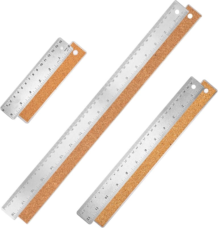 Metal Ruler with Cork Backing 6+12+18 Inch Stainless Steel Metal Ruler Non-Slip Rulers with Inch and Centimeters Straight Edge Cork Base Rulers for Drafting Office Tools, Prevent Ink Leakage