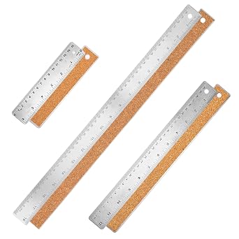 Metal Ruler with Cork Backing 6+12+18 Inch Stainless Steel Metal Ruler Non-Slip Rulers with Inch and Centimeters Straight Edge Cork Base Rulers for Drafting Office Tools, Prevent Ink Leakage