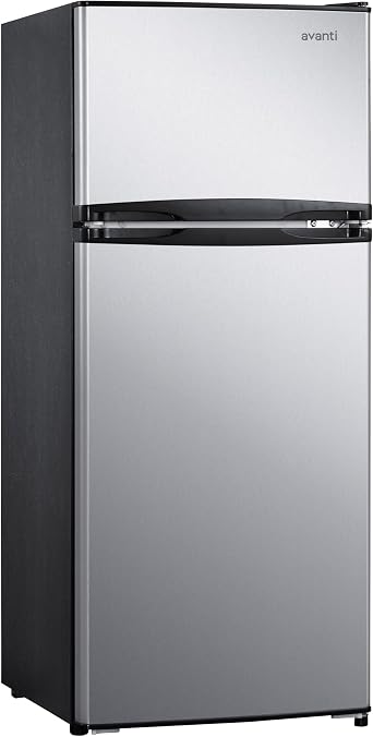 Avanti Apartment Refrigerator Freestanding Reversible Dual Doors Compact Design Full Fridge with Top Freezer, Adjustable Shelves, Full Range Temperature Control, with Crisper, 4.5-Cu.Ft, Metallic