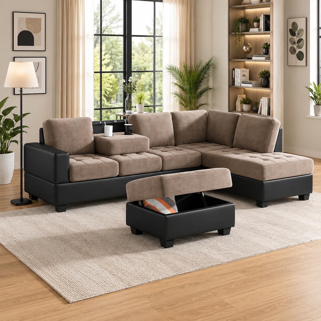 Allison L Shape 6 Seater Sofa with Ottoman Cup Holder Brown-Black RHS | 6 Seater Sofa L Shape | 6 Seat Sofa with Ottoman Storage for Guest Room Office | Sofa Set 6 Seater for Living Room-image-27