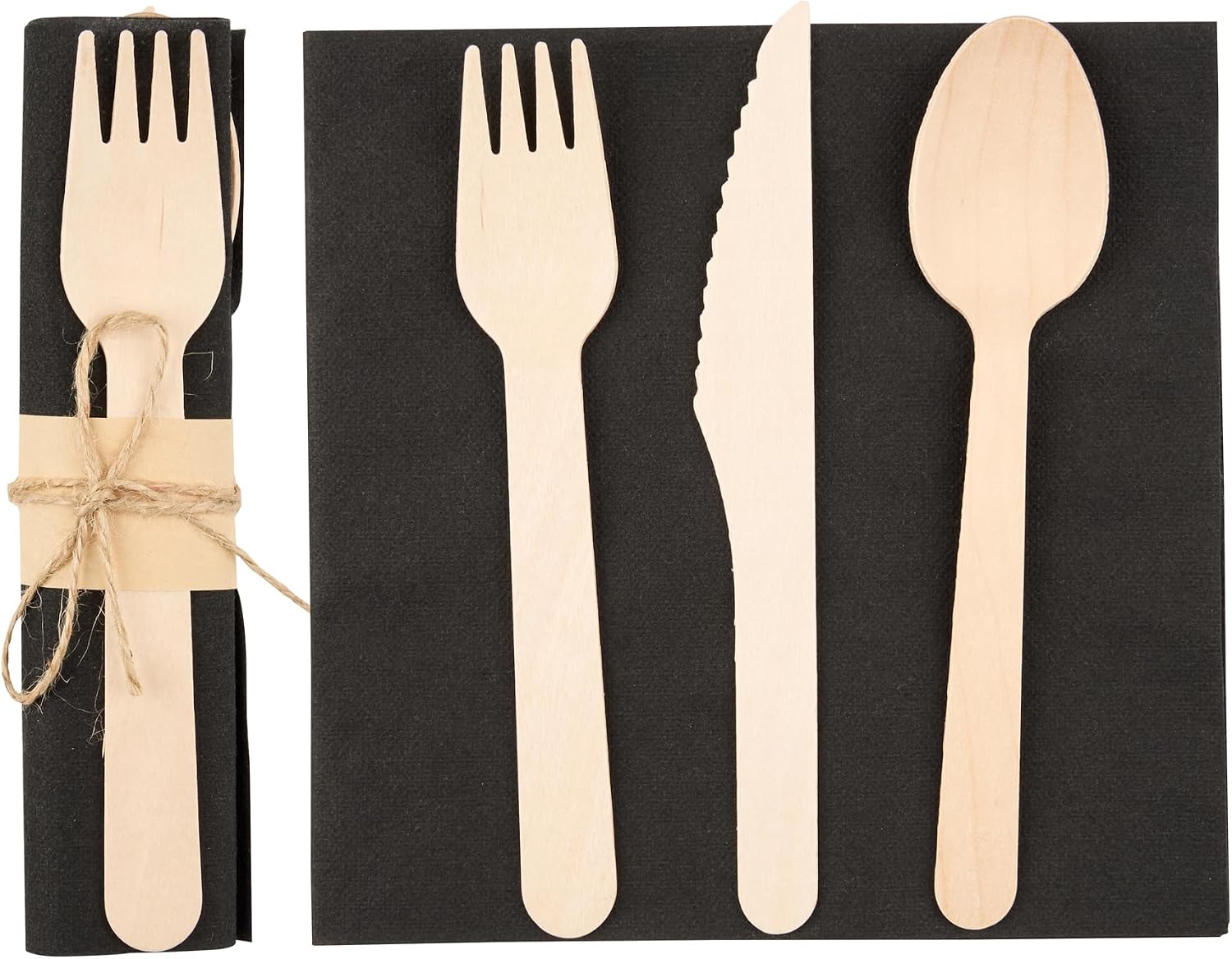 Restaurantware Wooden Cutlery Set 100 Pack of 6.4 Inch Wood Flatware Kit Sustainable Utensils Tied with Twine with Black Napkin Cutlery for Catering Events, Take Out