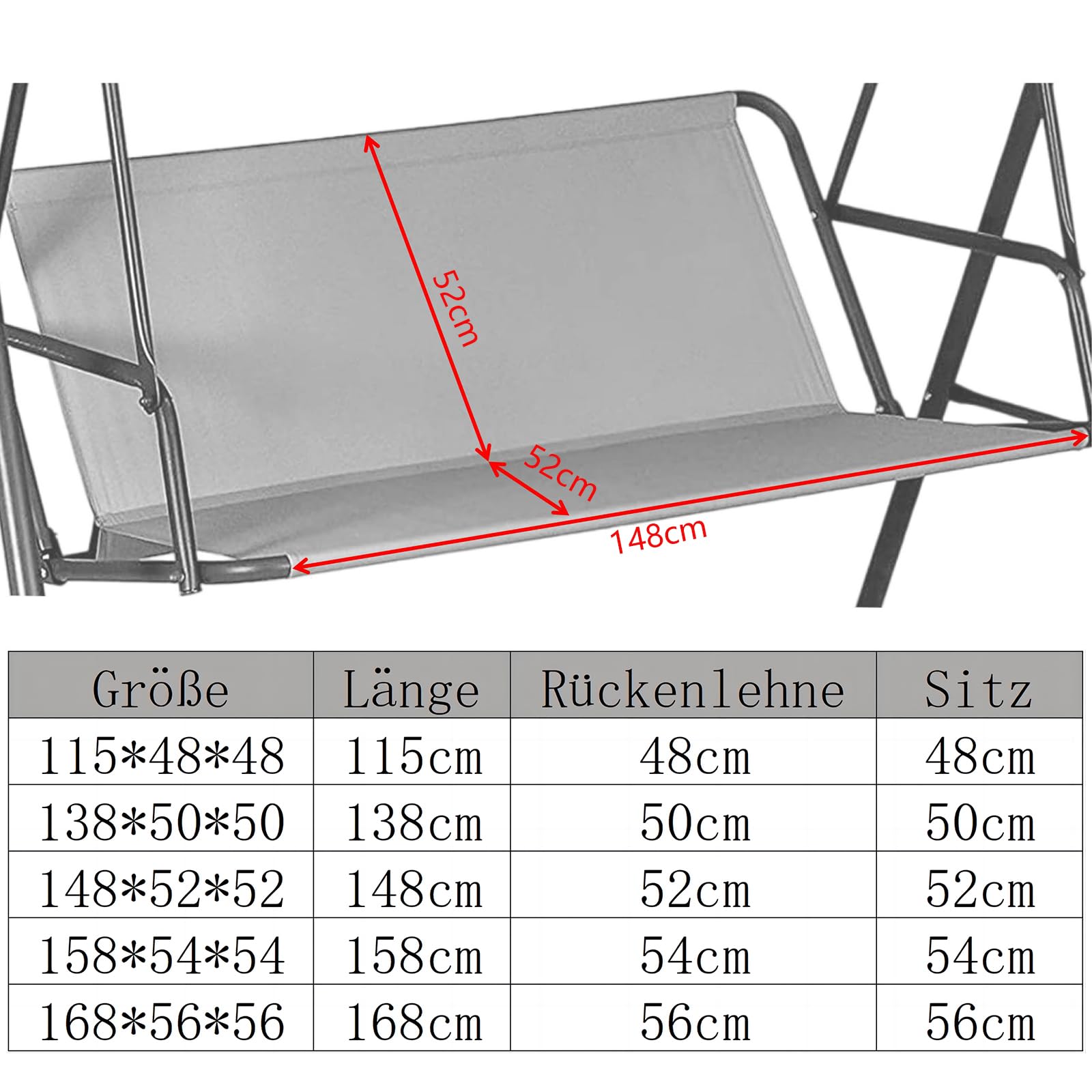 Coprisedile di Ricambio per Dondolo da Giardino,Coprisedili per Altalena da Giardino,Impermeabile 600D Oxford Tessuto Dondolo da Giardino Coprisedile,Resistente (148 * 52 * 52cm,Grau)