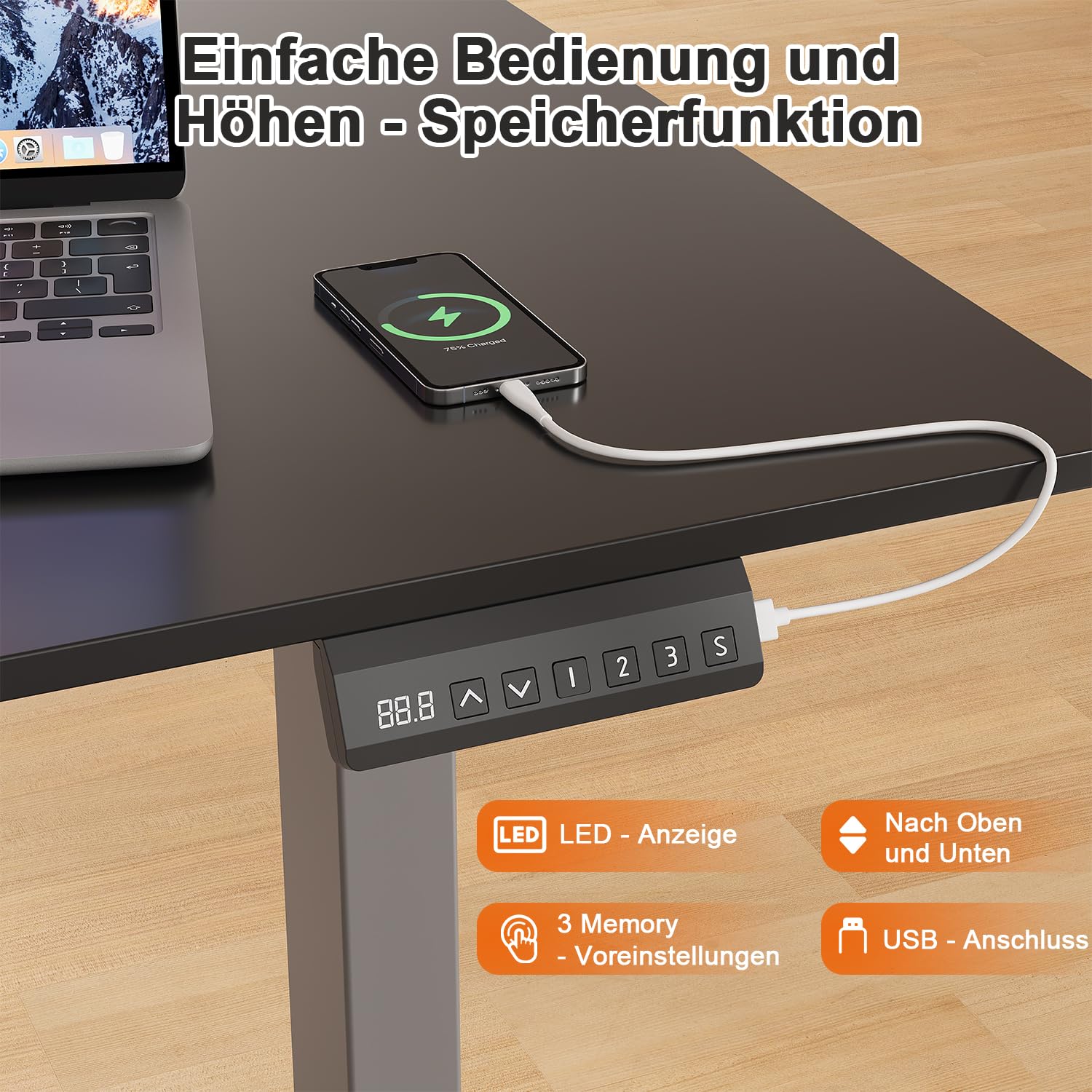 JUMMICO Höhenverstellbarer Schreibtisch Gestell mit 2 Starken Motoren, 100KG Belastbarkeit,Schreibtischgestell Höhenverstellbar mit 3 Speicherplätze & Type-C Ladeanschluss für Büro & Homeoffice