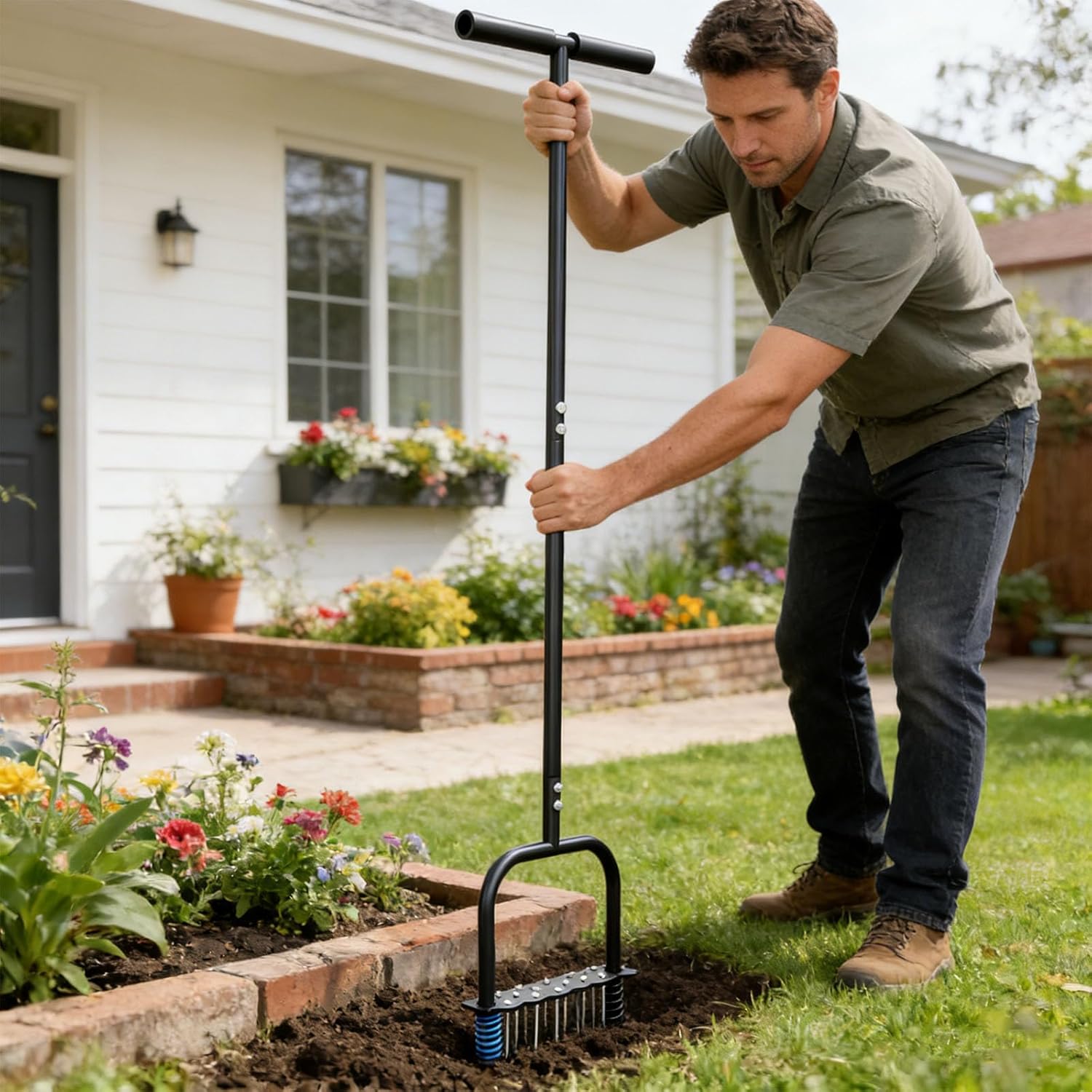 Effective Ground Aerating Device Using Automatic Clearing Springs and Robust Metal Frame for Dependability Ergonomic Yard Aerator