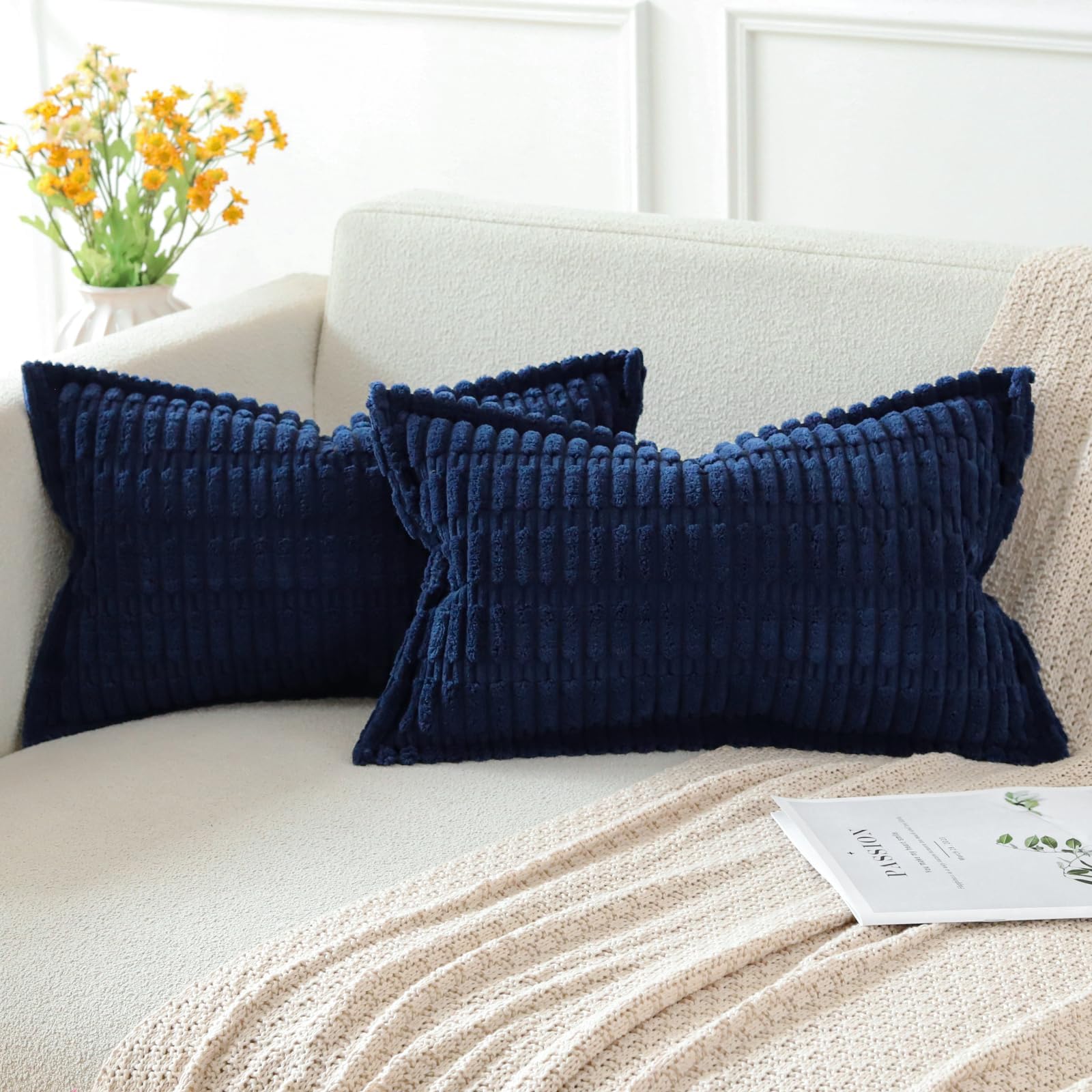 Artscope Dark Blue Cushion Covers Set of 2 Corduroy Decorative Square Striped Pillowcase with Stitched Edge Pillow Covers 40x60cm for Home Decor Sofa Bedroom Car