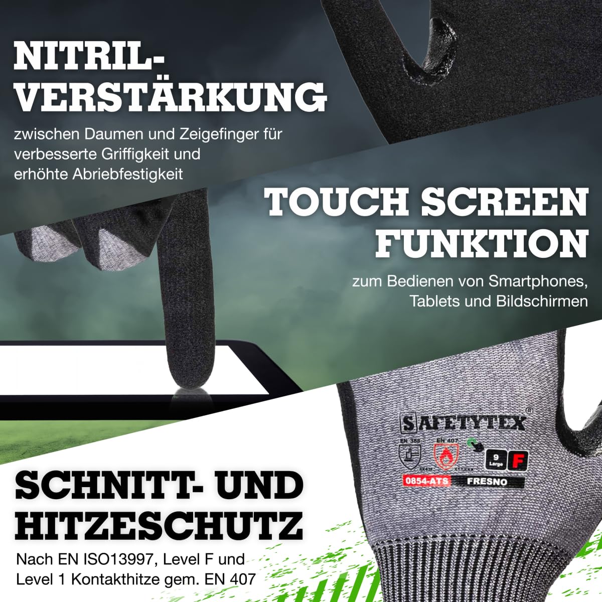 Safetytex Schnittschutzhandschuhe - Schnittfeste Handschuhe Level F - Maximale Sicherheit für Arbeiten mit scharfen Gegenständen - Touchscreen-fähig - Nitrilschaum (Gr.9, 1 Paar)