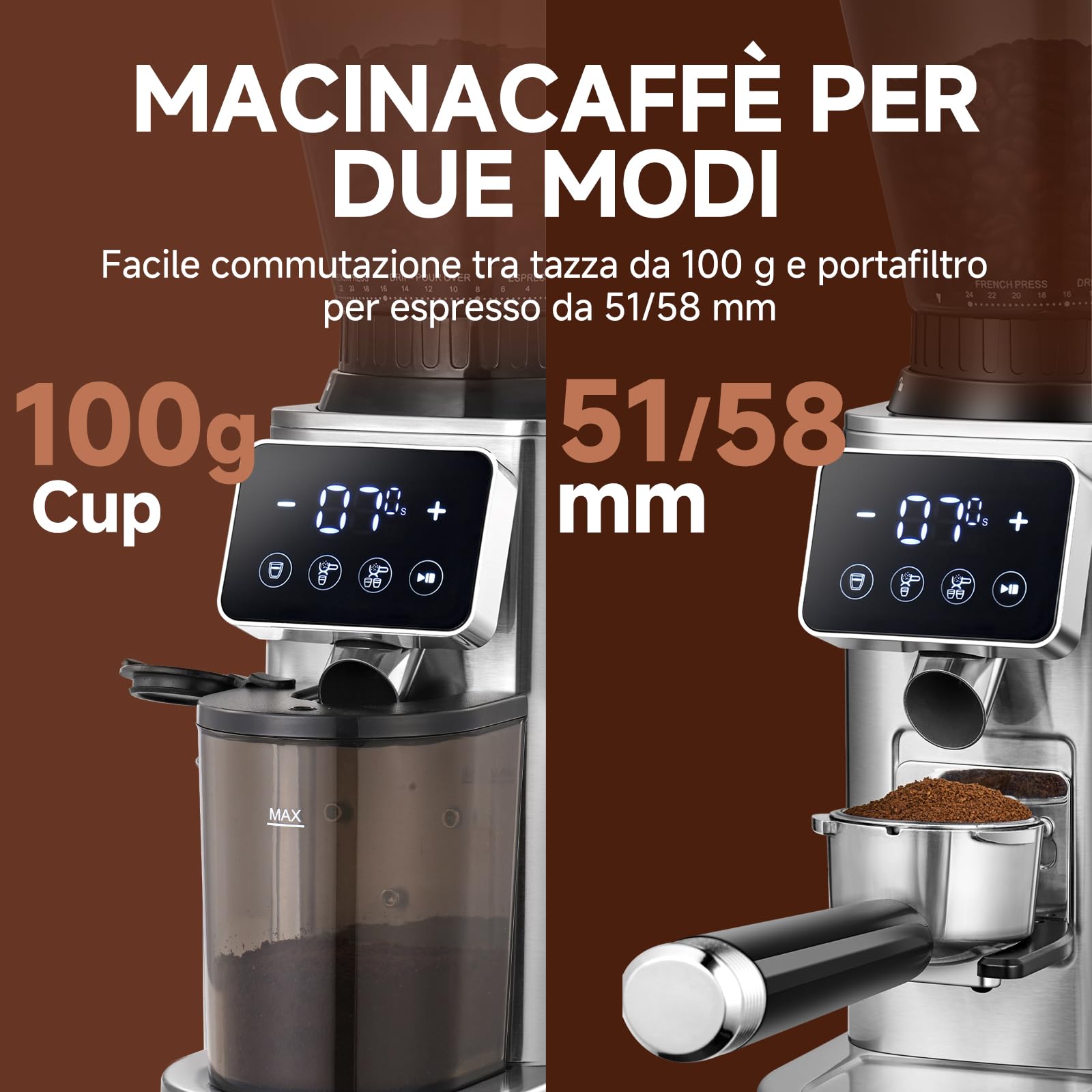 AMZCHEF Macinacaffè Elettrico con 48 Livelli di Macinatura, Macine Coniche, Sistema Antistatico, Display LCD Touch, Contenitore Chicchi 300 g, per Espresso, Caffè Filtro e French Press
