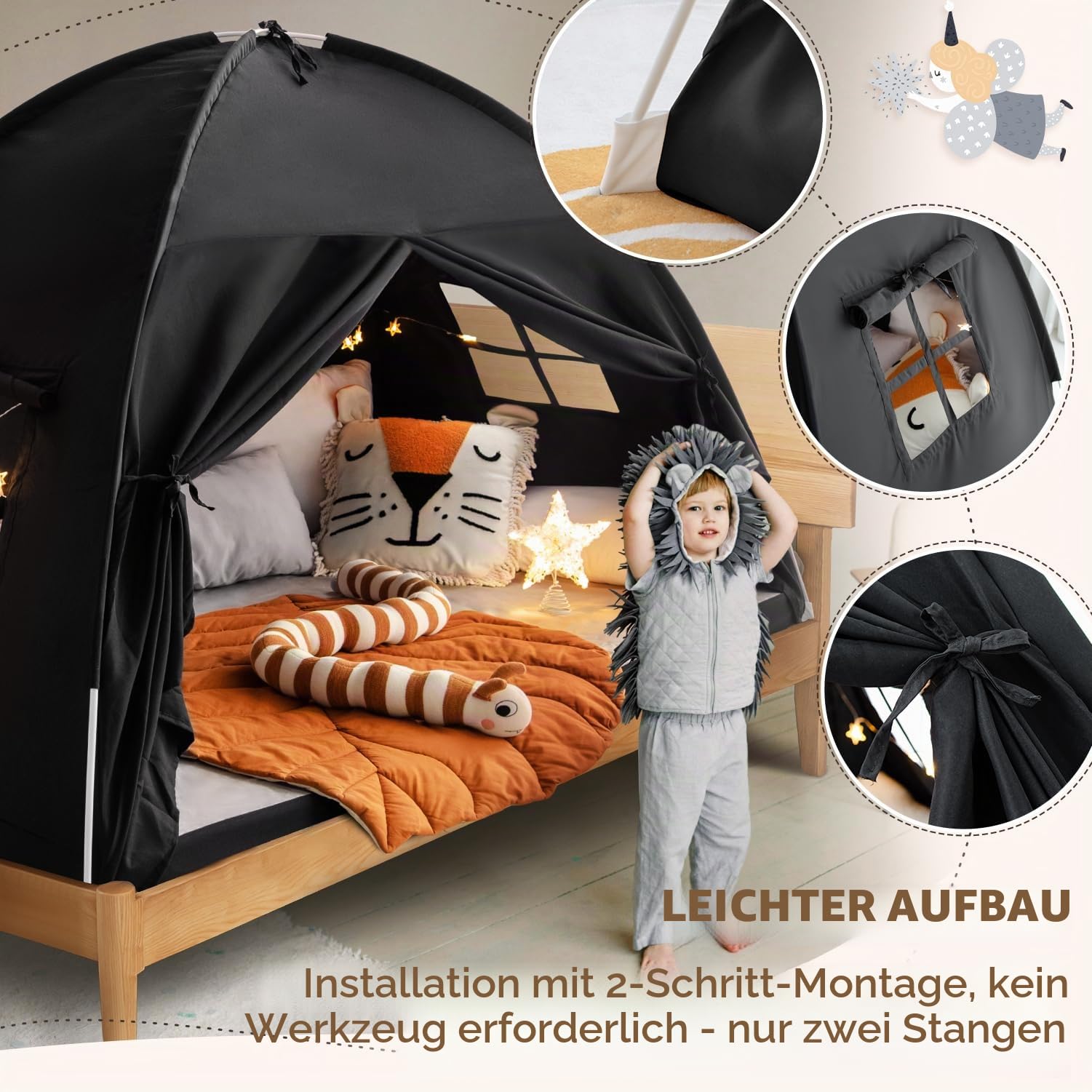 Betthimmel in voller Größe, Traumzelt auf dem Bett, Privatsphäre, Verdunkelung, Schlafzelte, Innenbereich, atmungsaktiv, tragbar, Landhaus, Zugluft, Bodenbett, Zelte (groß, schwarz)
