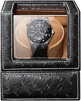Automatic Watch Winder,Automatic Single Watch Winder Box 5 Rotation Mode Dual Power Supply Flexible Watch Pillow Ostrich Pattern Leather,Black
