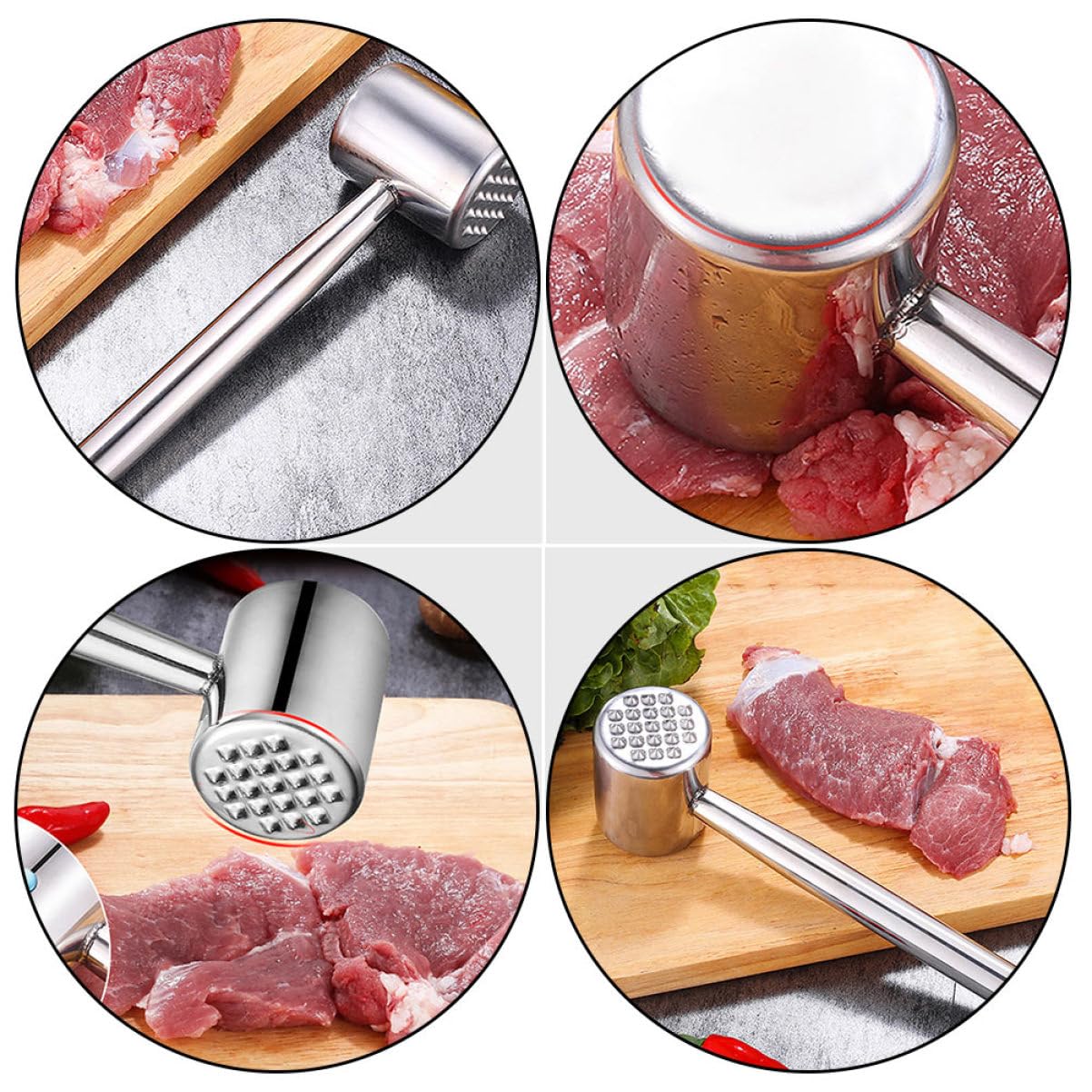 ABOOFAN Fleischklopfer aus Edelstahl 2 Stück für Küche, Silber | Ergonomischer Griff, Aufhängbar, für Gemüse und Kaffeepulver, Praktisches Küchenhelfer