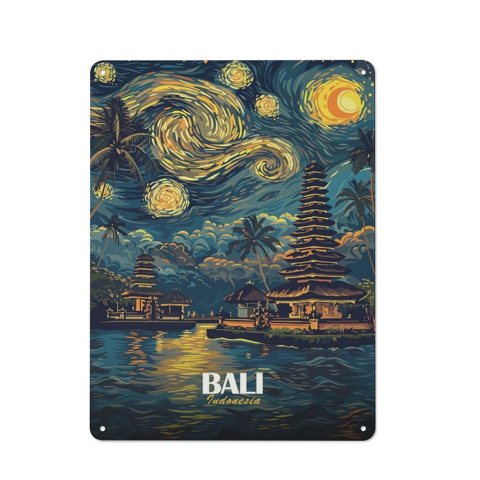 Junmoney Style-14 Bali Indonesia Starry Night Landscape Warehouse Style Metal Wall Decor 40X30cm, Metal Wall Sign For Workspace, Cafe, Hallway Or Garage