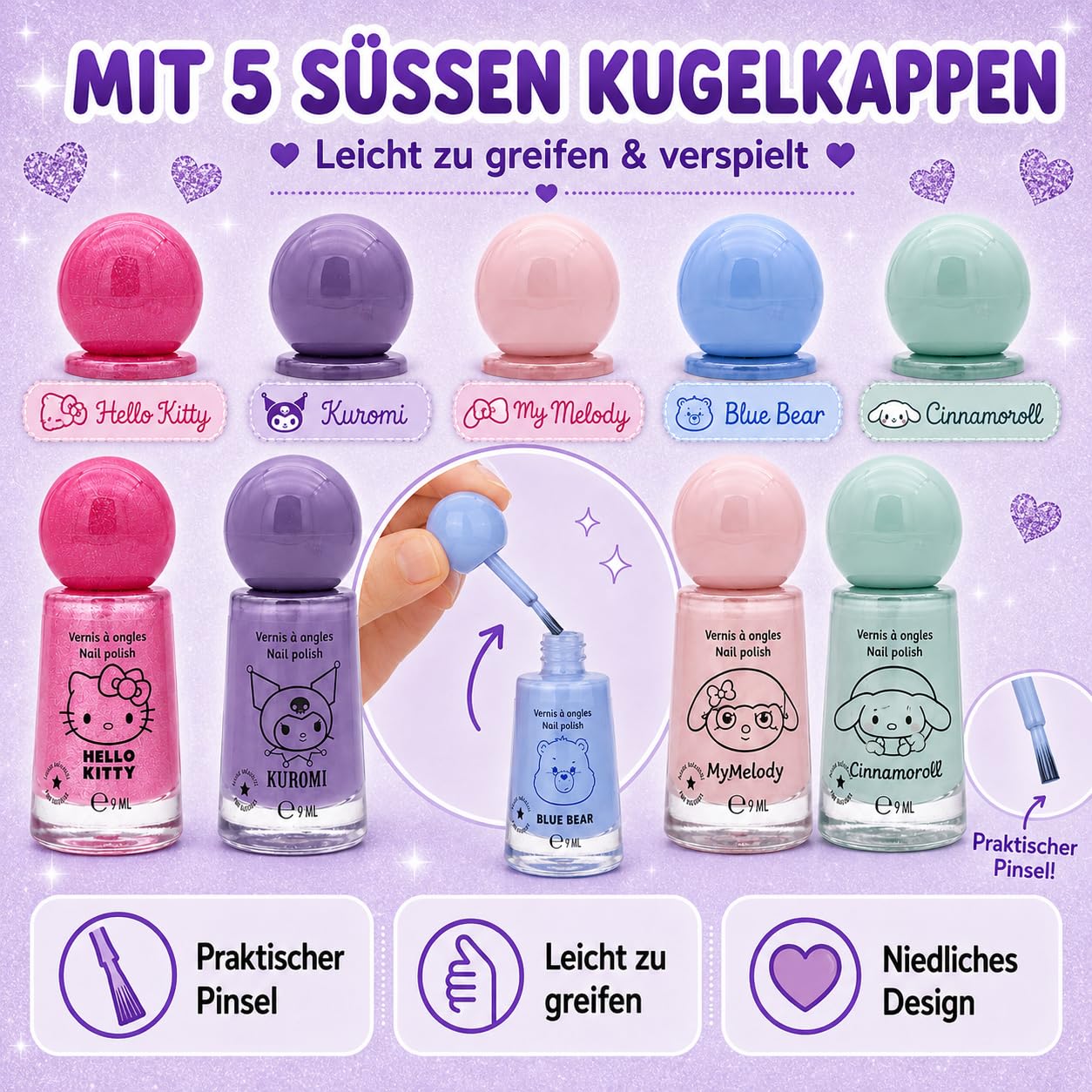 Hello Kitty, Melody, Kuromi, Cinnamoroll & Bisounours Lot de 5 vernis à ongles à paillettes végétaliens pour adultes – Séchage rapide, durable et testé dermatologiquement
