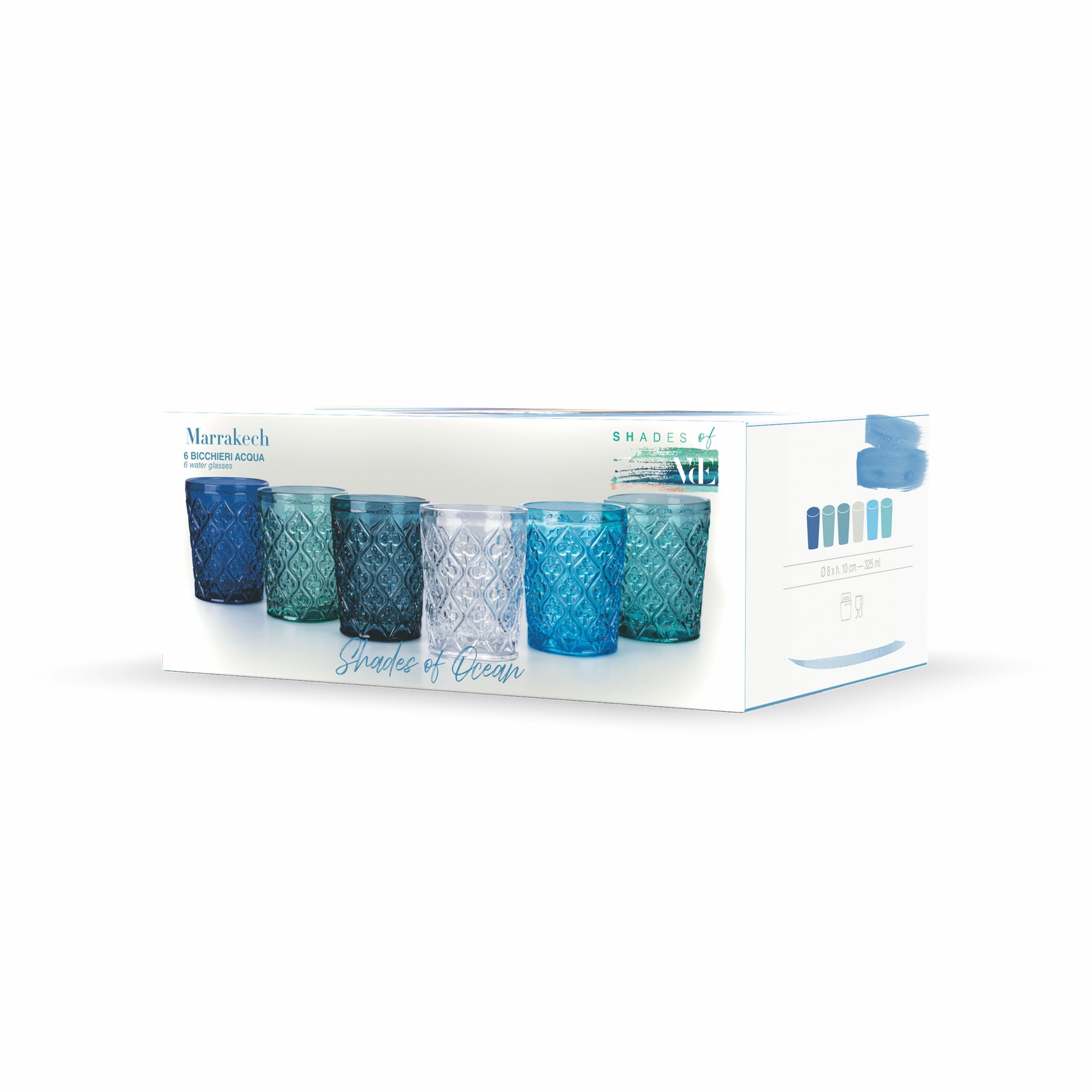 Villa d'Este Home Tivoli Set 6 bicchieri acqua 325 ml in vetro, superficie lavorata a rilievo, Marrakech Ocean