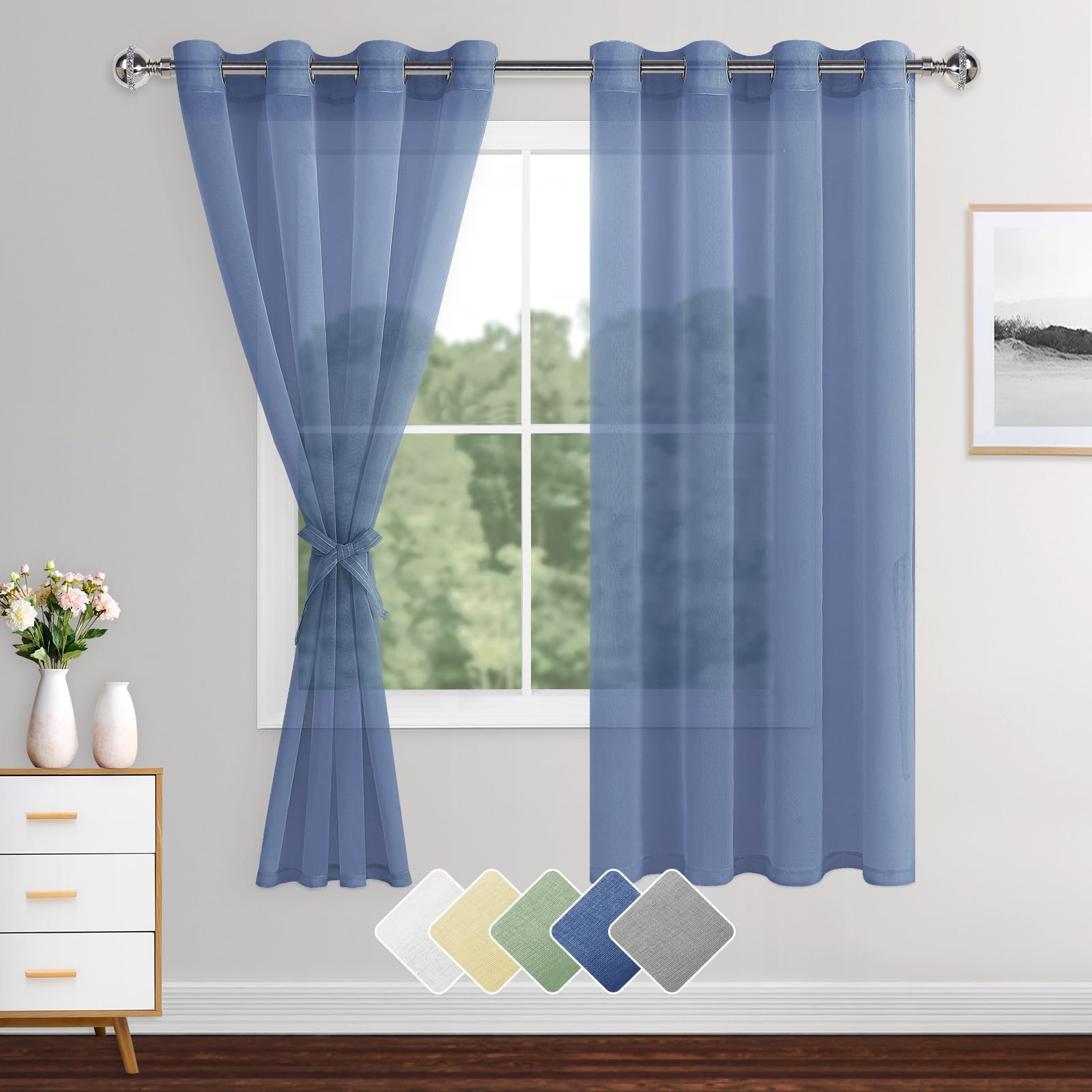 XWZO Linen Look Voile Curtains Haze Blue,Grommet Top Semi Transparent Eyelet Sheer Drapes for Living Room,Kids Room,W55*L69,2 Panels