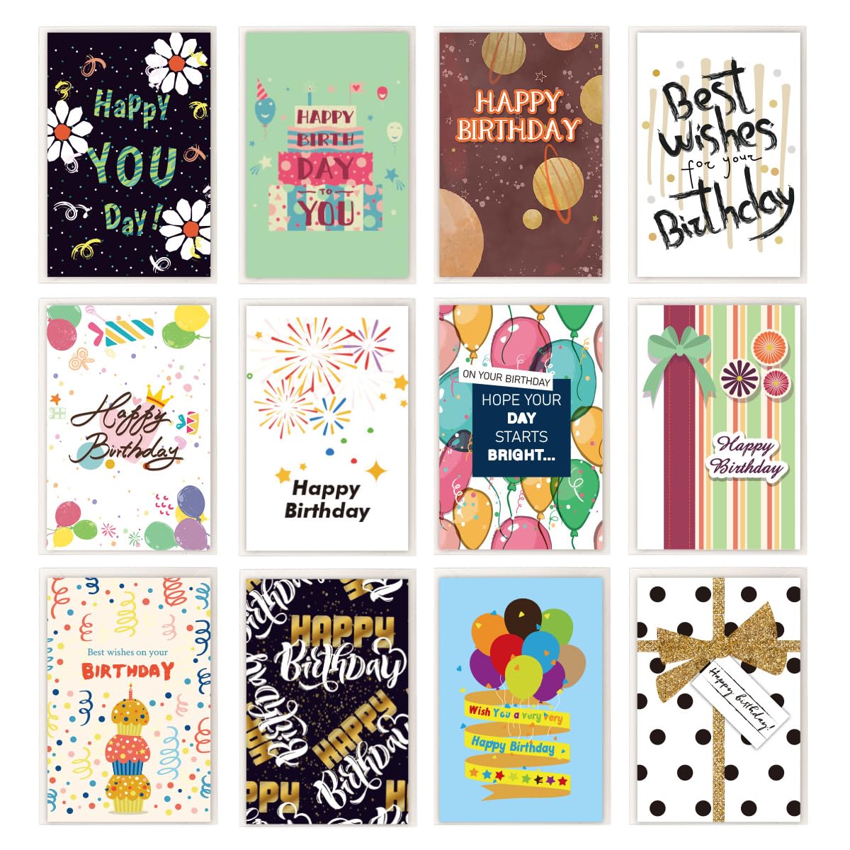 Happy Birthday Cards Bulk with Envelopes, 12 PCS Birthday Card Assortment Set, Assorted Blank Cards with Envelopes for Men Women Kids Friends Family