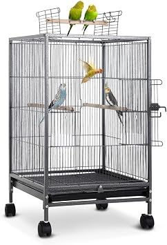 Bird Cage 35 Inch Wrought Iron Birdcages Play Top Flight King Bird Cage for Parakeets Cockatiels Parrot Green Cheek Conures Pigeons Lovebird with Rolling Stand