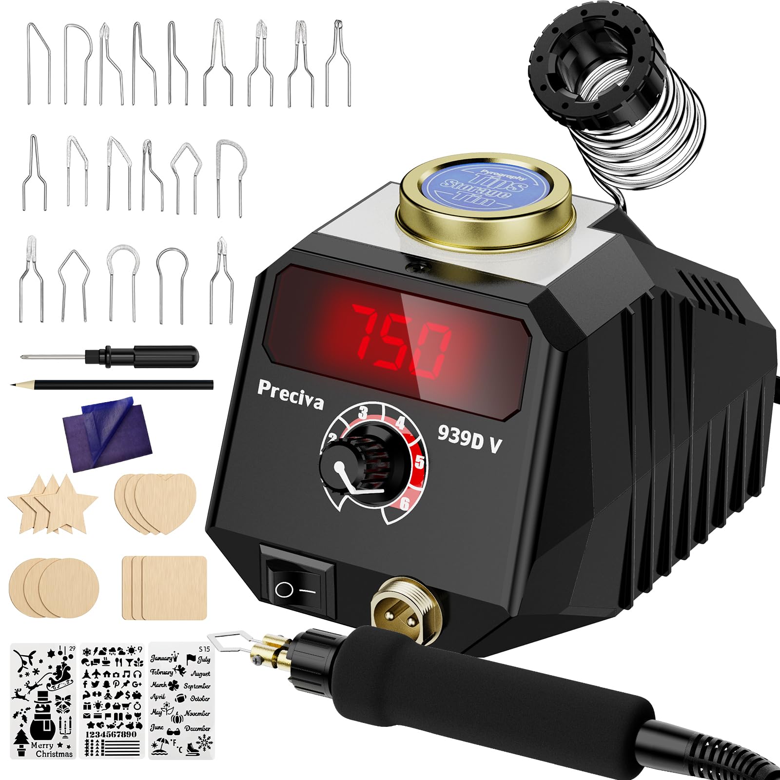 Preciva 939D-VI Brandmalstift, Handwerksset zum Holzschnitzen mit einstellbarer Temperatur, Holzschnitzstift mit Softgriff, 20 Brandmalspitzen, 12 Holzblöcke – für Brandmalerei auf Holz und Leder
