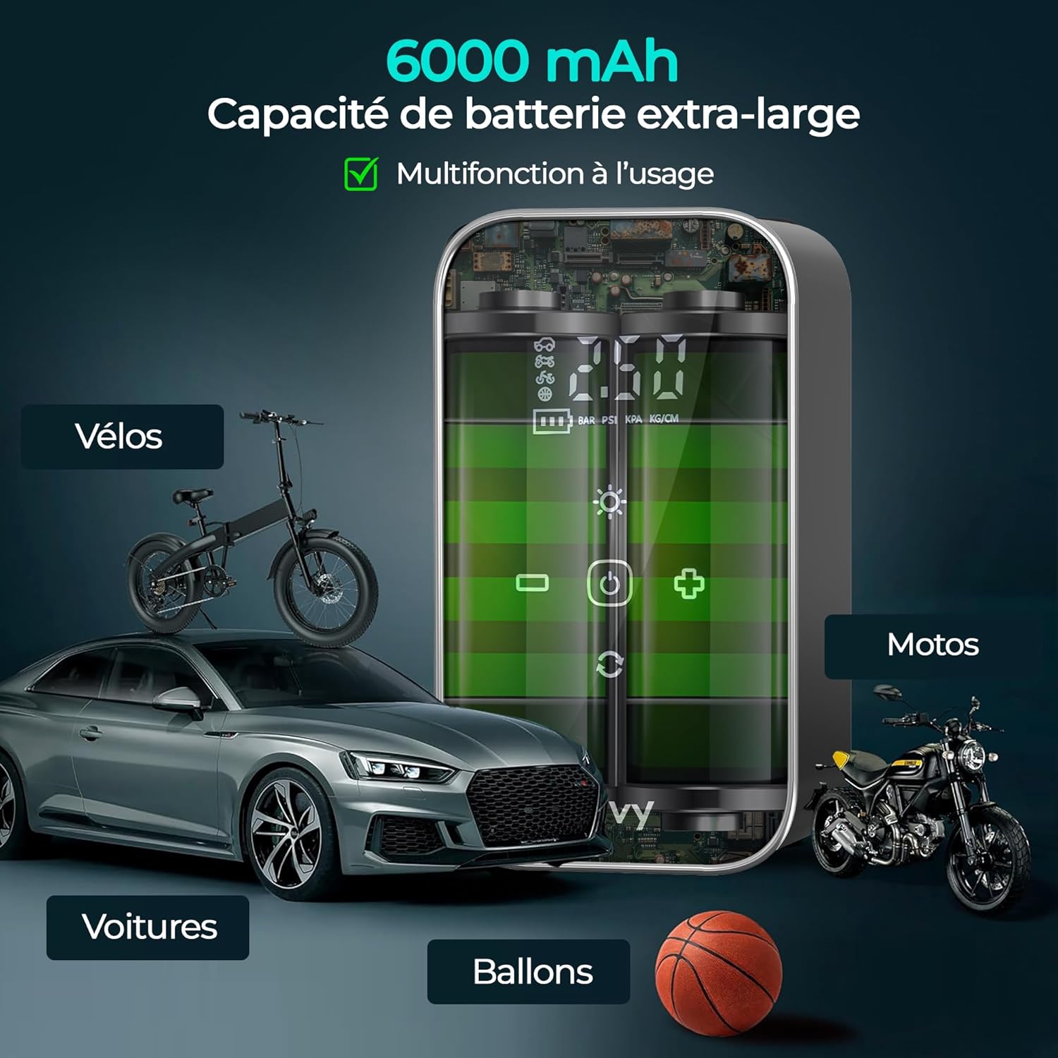 Image depicting the internal structure of the Olvy Portable Air Compressor, highlighting its 6000 mAh battery capacity and showing various items it can inflate: bicycles, cars, motorcycles, and balls.