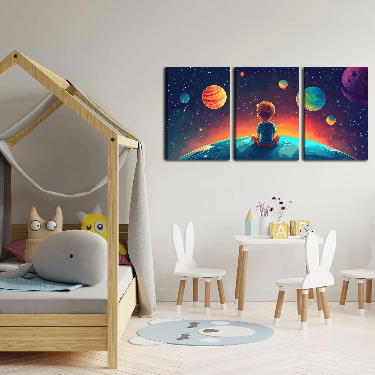 3Pcs Space Boy Canvas Wall Art Cute Inspirational Space Fantasy Wall decor pictures with Planet Pattern poster Prints Painting for Child’s Bedroom and Home Decoration Ready To Hang 12x16in canvas