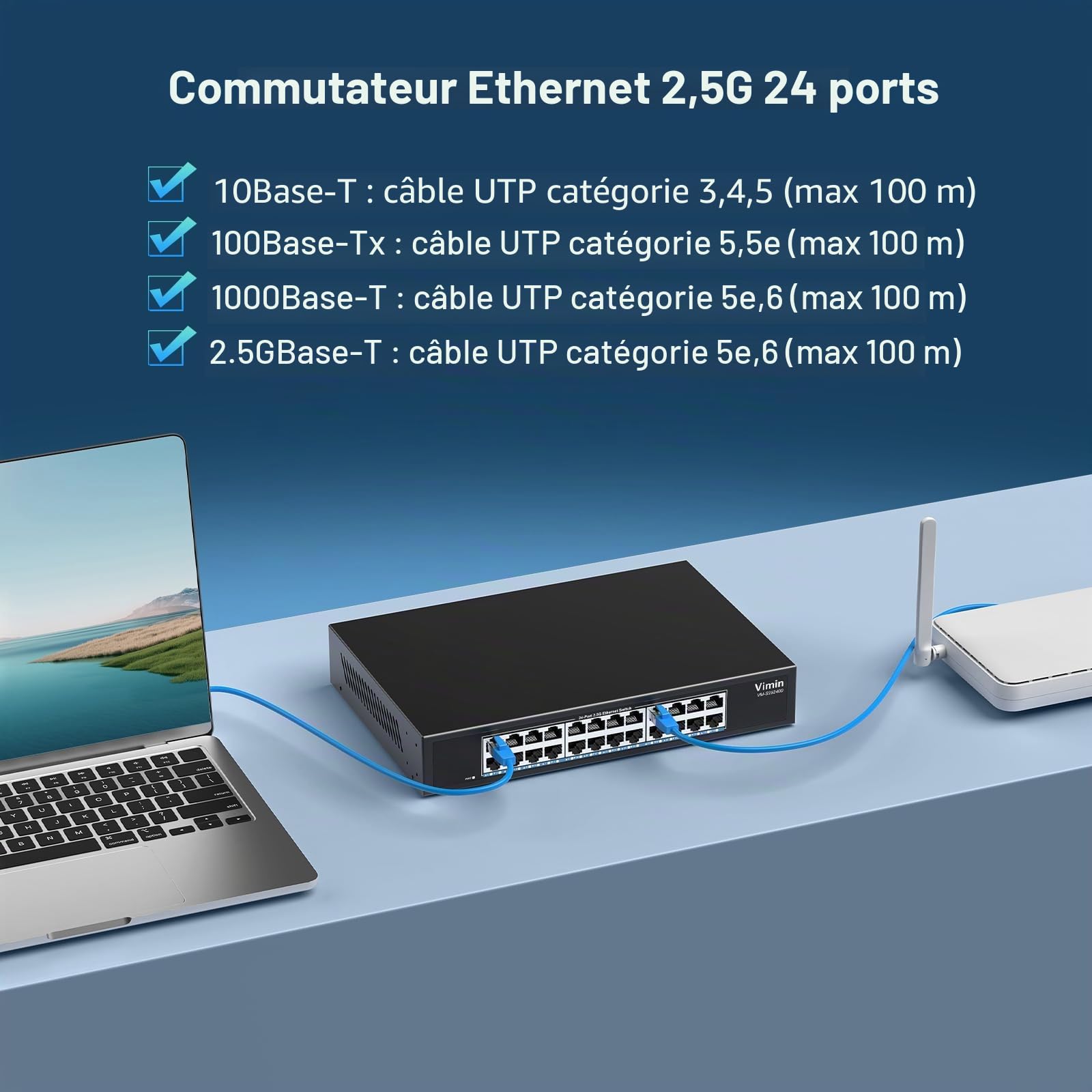 2,5Gb Switch 24 Port, Commutateur Ethernet 2,5G Non Géré, 24 Ports 2,5 Go Base-T Commutateur RéSeau Plug & Play, 2,5 Gigabit Switch Compatible avec 10/100/1000/2500 Mbps