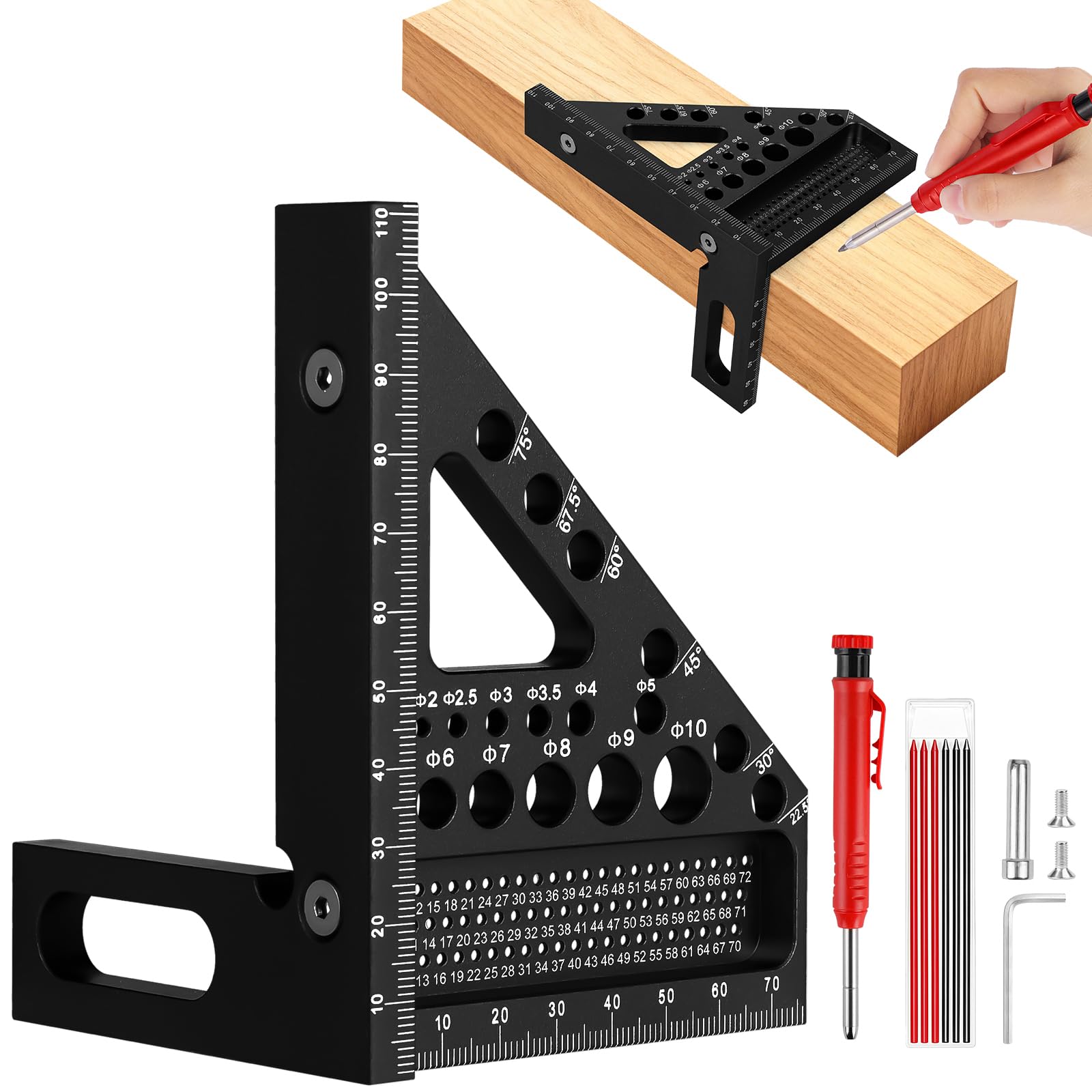 Flintronic 3D Carpenter Square, 22.5-90 Degree Aluminium Alloy Angle Measuring Ruler, 110mm High Precision Woodworking Speed Square with Woodworking Pens for Engineers Carpenters(Black)