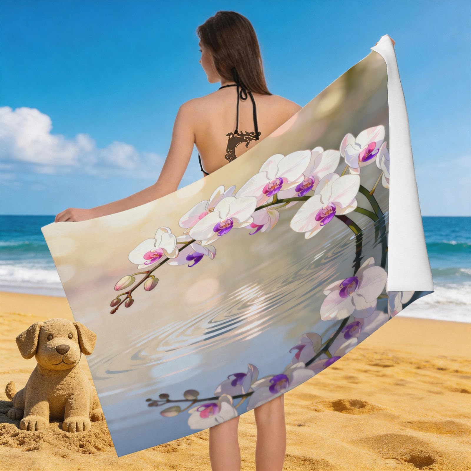 Leichong 3D Phalaenopsis Orchid Beach Towel Large Microfiber Soft Quick Dry for Adults, The Flowers Bath Towel Lightweight Soft Absorbent for Travel Swimming Pool Sports, 80 x 160 cm
