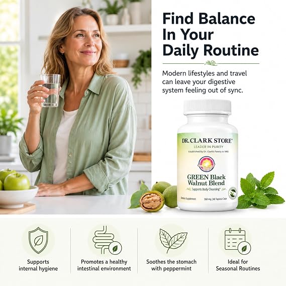 Dr Clark Store Green Black Walnut Blend 360mg, 60 Tapoica Capsules, 60 Day Supply, Freeze Dried Hull with Peppermint, Supports Healthy Intestinal Environment and Routine Wellness Cleansing, USA Made