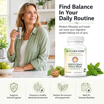 Dr Clark Store Green Black Walnut Blend 360mg, 60 Tapoica Capsules, 60 Day Supply, Freeze Dried Hull with Peppermint, Supports Healthy Intestinal Environment and Routine Wellness Cleansing, USA Made