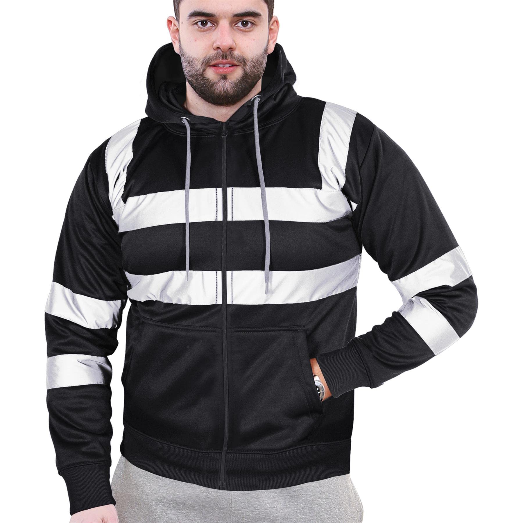 A2Z Haut Visibilité Sûr Travailler Encapuchonné Fermeture Éclair Deux Ton Réfléchissant Ruban Le Pull Sweat-Shirt - Hi Vis Zipper Black M