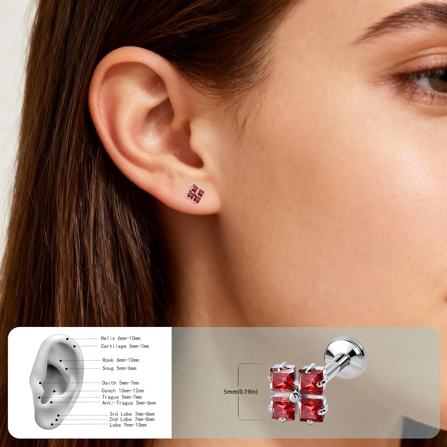 Titanium Square Cubic Zirconia Labret Stud Earrings 16G Internal Thread Flat Back Hypoallergenic Tragus Cartilage Lip Piercing Jewelry for Women Men