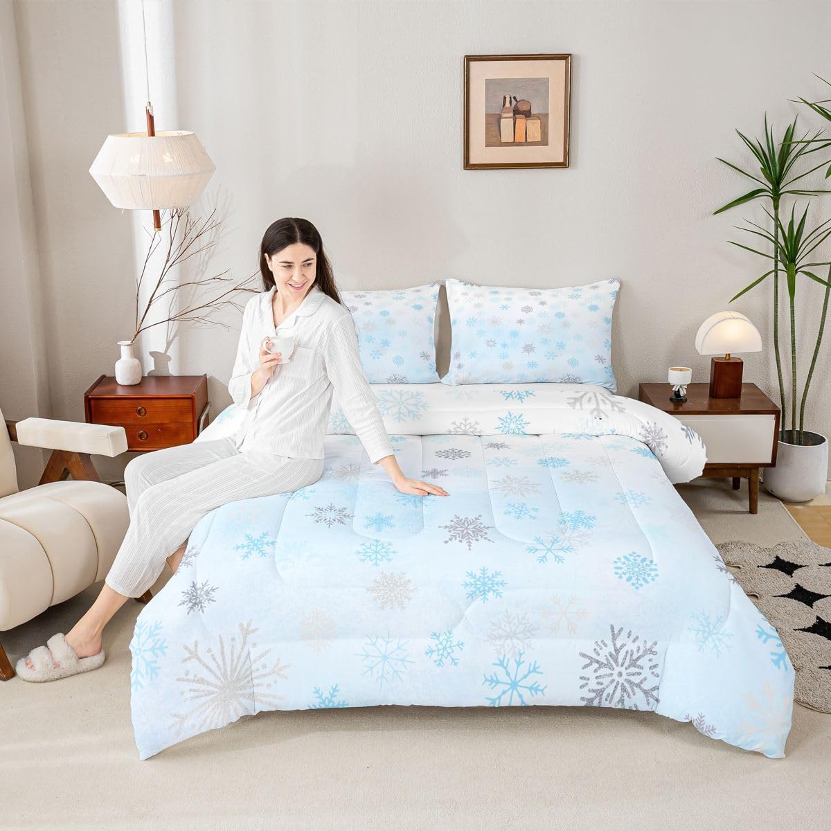 Feelyou Glitter Snowflake Comforter Set Full Size, Blue Snowflake Comforter Kids Toddler Ombre Bedding Set Winter Theme Duvet Set Microfiber Bed Set