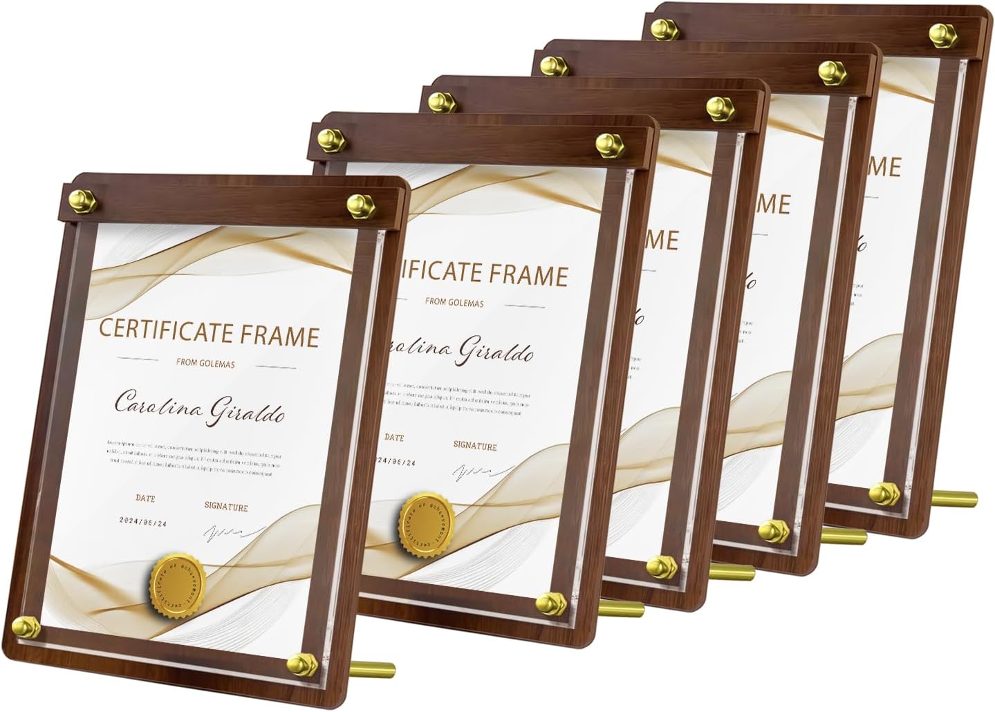 8.5 x 11 Certificate Frame, Classic Wooden Acrylic Sign Holder Gold Stand, Table Top Document Holder, for Office, Cafe, Store, Restaurant, Hotel (Vertical, 5pack) 5Pack Vertical
