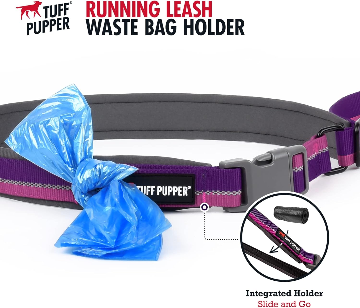 Tuff Pupper Matching Collar (15-19" Neck) and Bungee Running Leash - Punch Purple