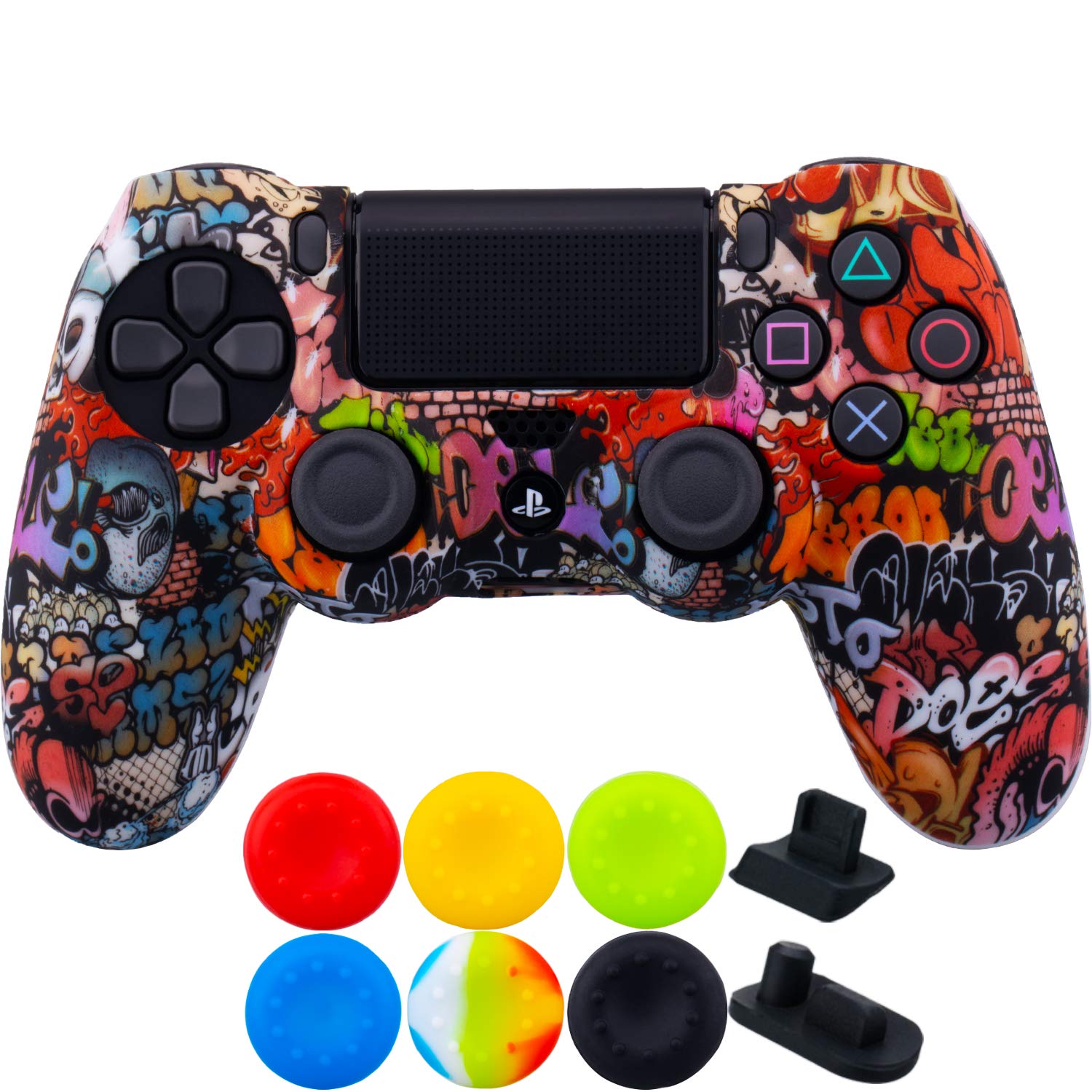 1 Piece of SiliconeTransfer Print Protective Cover Skin + 6 Thumb Grips & Dust Proof Plugs for PS4/Slim/Pro Controller Camouflage Grey — view 5