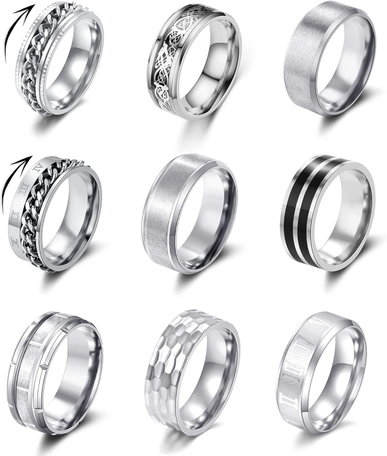 9Pcs Stainless Steel Band Rings for Men Women Fidget Anxiety Relief Rings Spinner Ring Wedding Promise Rings Set